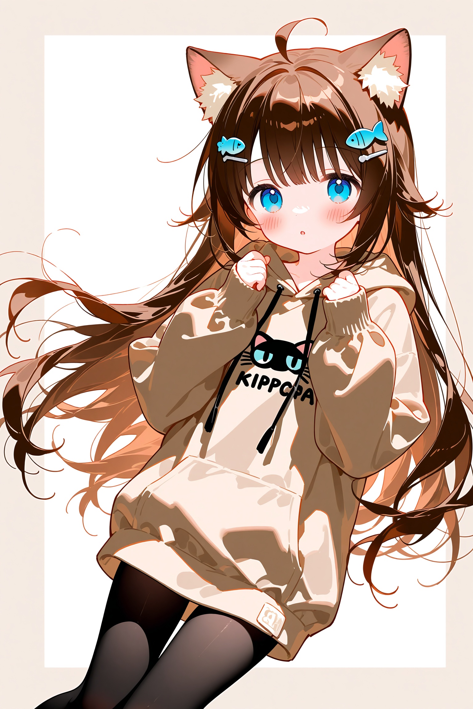 1girl solo long hair looking at viewer blush bangs blue eyes brown hair hair ornament long sleeves white background animal ears very long hair ahoge pantyhose parted lips hairclip puffy sleeves cat ears hood :o animal ear fluff sleeves past wrists black pantyhose hands up hoodie feet out of frame hood down cat girl clothes writing two-tone background puffy long sleeves drawstring cat hair ornament fish hair ornament brown hoodie,