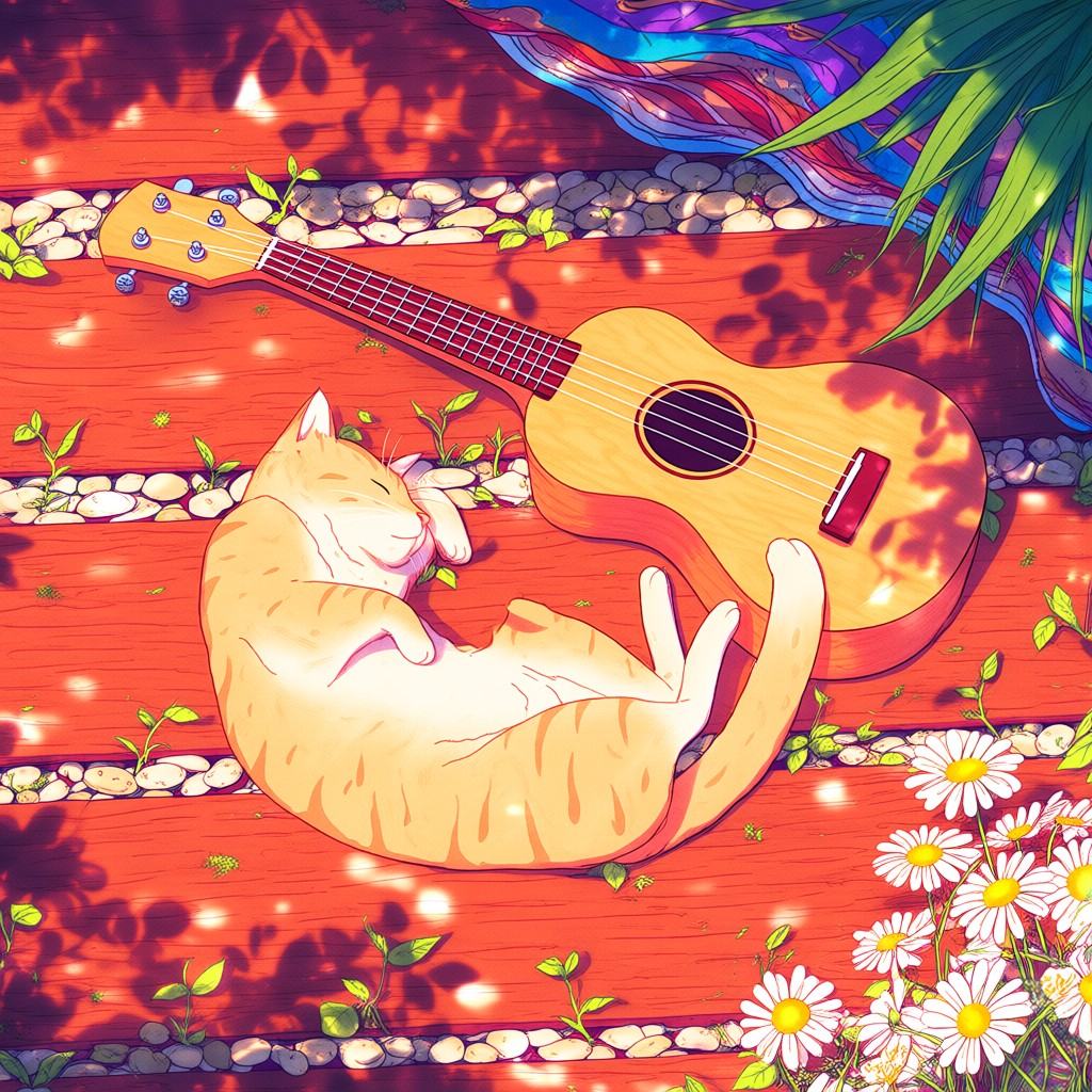 This outlined illustration depicts a light-orange tabby cat sleeping on its back with its eyes closed and its front paws t...
