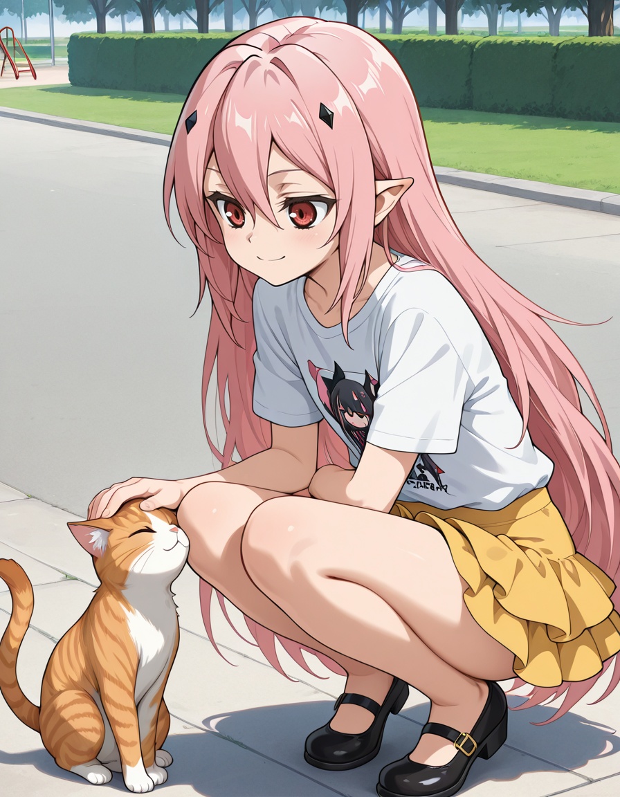 masterpiece, best quality, amazing quality, gradient background,1girl, solo, white t-shirt, yellow skirt, layered skirt, crouching, petting, cat, street, sidewalk, day, smile, happy, print shirt, park, grass, playground, mary janes, <lora:krul_tepes-owari_no_seraph_s2-ixl-anime-soralz:1>, krul tepes (owari no seraph), long hair, pink hair, hair between eyes, sidelocks, red eyes, pointy ears, hair down, <lora:StS-Illustrious-Detail-Slider-v1.0:3>