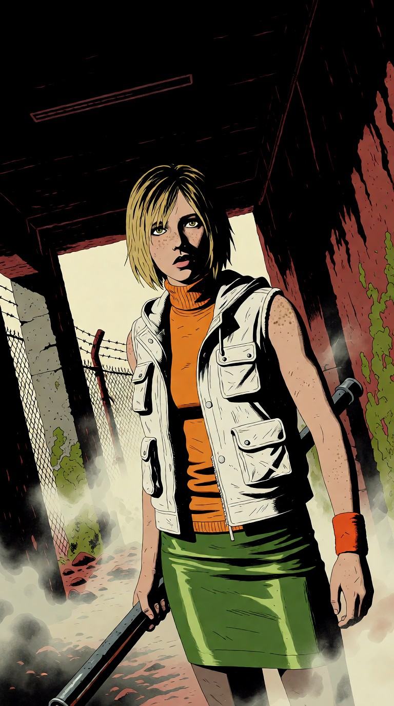 Subject and ActionHeather Mason from Silent Hill stands poised in a state of psychological tension,  her expression haunte...