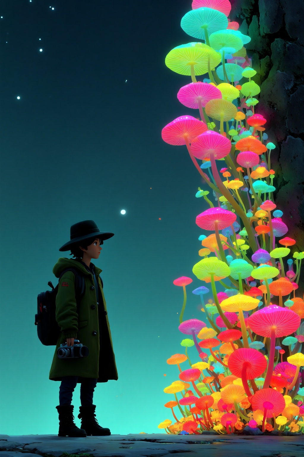 beijihui,Captured at eye-level,a digital painting of a boy in a black hat,black coat,and black boots is standing on a rock surface. The boy is holding a camera in his right hand,and a black backpack slung over his left shoulder. He is facing to the left,and he is facing the left. The background is a deep blue,with stars visible in the sky. To the right of the boy,a rock wall is visible. In front of the rock wall,a cluster of pink and yellow mushrooms are visible. The mushrooms are arranged in a semi-circle pattern,adding a pop of color to the scene.,