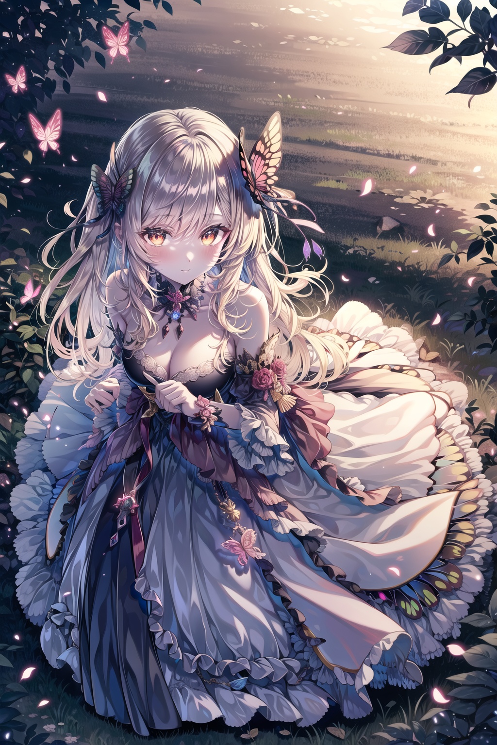 <lora:艺术家_miyu_(miyulein)2-000004:1>, 1girl,glowing eyes,(low exposure),frilly dress,extravagant dress,[black and white accent],red ribbons,(bioluminescent butterfly),top view,under the tree shade,night scenery,full body
