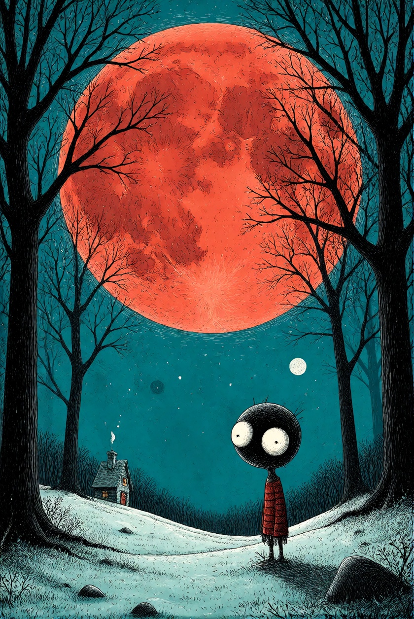ToonDaal,  A skinny creature standing beneath an enormous red moon,  black trees on either side on Tensor.Art