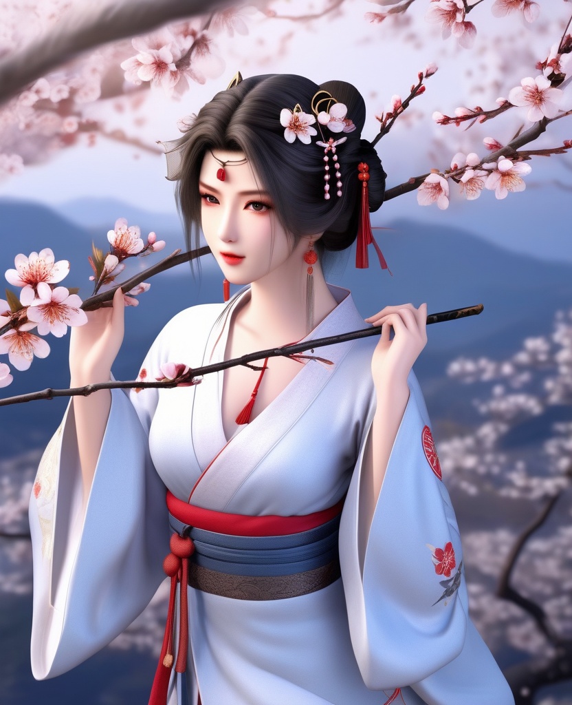 <lora:604-DA-XL-星辰变-姜立V2-新衣:0.8>(,1girl, ,best quality, ),looking at viewer,  ,ultra detailed background,ultra detailed background,ultra realistic 8k cg,, ,masterpiece, (( , )),, ,   plum blossoms,    ,,  (cleavage), (), ,,