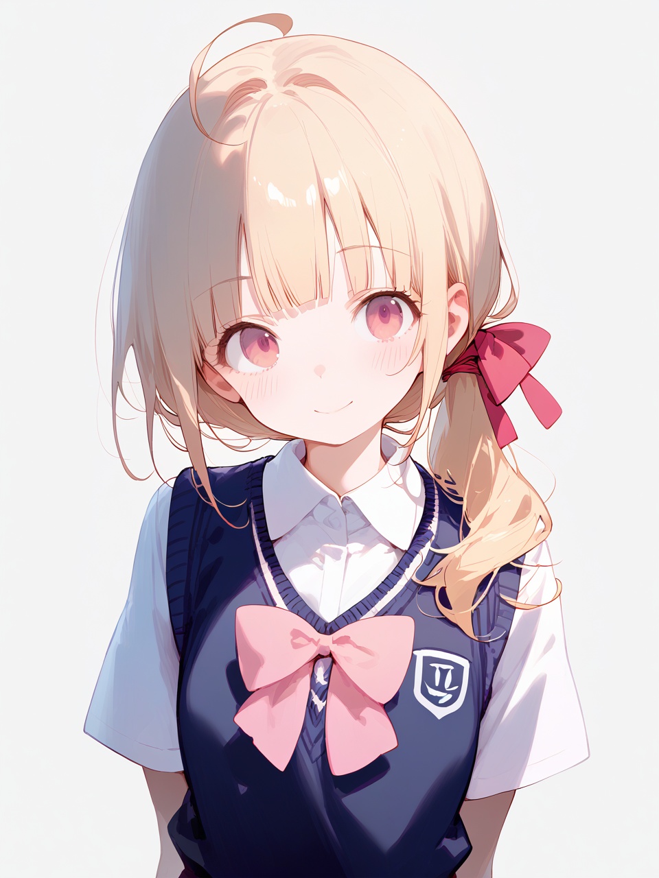 1girl,    score_9, score_8_up, score_7_up, eyelashes, simple background, pink bow, pink bowtie, looking at viewer, sweater vest, tareme, red ribbon, wing collar, head tilt, sidelocks, vest, blush, bowtie, closed mouth, ribbon, school uniform, hair ribbon, short sleeves, arms behind back, blonde hair, white shirt, ponytail, black vest, ahoge, upper body, pink eyes, blunt bangs, collared shirt, eyebrows, long hair, solo, shirt, white background, bow, smile