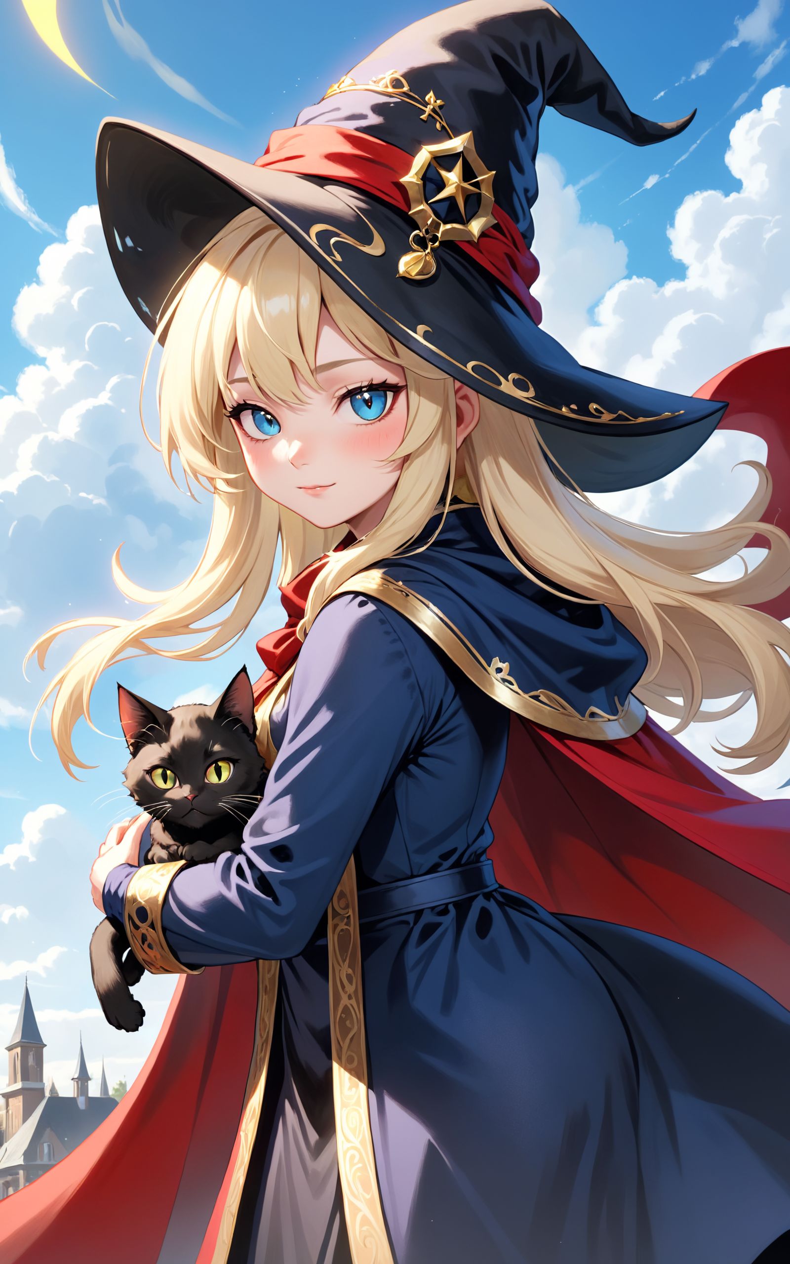 highres,  best quality,  AA blonde magician witch with a black cat. Her black robe and wizard hat have gold details. she i...