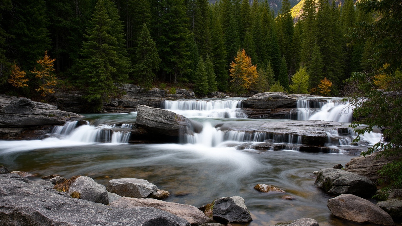 This is a high-resolution photograph capturing a serene,  natural landscape. The focal point is a cascading waterfall set...