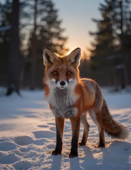 A breathtaking portrait unfolds in a pristine snow-covered forest clearing at twilight, where a majestic red fox stands full-body in the midground, its presence calm and assured as it gazes directly into the viewer with serene, intelligent eyes that reflect the quiet of the hour; the fox’s coat is rendered with extraordinary clarity, every strand of russet, ember, and ivory fur articulated with lifelike precision, subtle frost clinging to the guard hairs as warm backlight spills gently through its form, creating delicate refractions along the edges of its silhouette and igniting a soft halo around the ears and tail; the low winter sun lingers just below the horizon, bathing the clearing in a muted amber glow that contrasts with the cool blues of untouched snow, while long, faint shadows stretch outward and dissolve into softness; behind the fox, the forest recedes into a shallow depth of field, trunks and branches blurring into painterly abstraction beneath a clear, crisp sky that signals the moment just before dusk fully settles; the color grade evokes Kodak Portra 400, lending the scene a dreamy, organic warmth where highlights bloom gently and shadows retain detail without harsh contrast; captured as if with a Fujifilm GFX100 medium format camera paired with a 110mm f/2 lens, the focus locks sharply onto the fox’s eyes and fur while the surrounding world melts into atmospheric calm; the composition feels clean and reverent, high-resolution and unhurried, transforming a fleeting wildlife encounter into a timeless, cinematic meditation on stillness, presence, and the quiet majesty of nature at day’s edge.