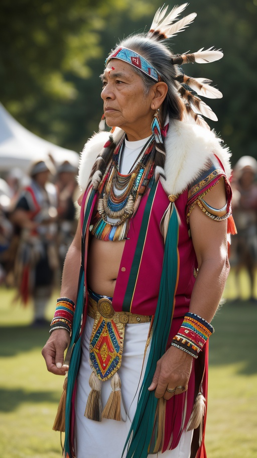A Native American tribal elder,  adorned with traditional regalia and feathers,  standing amidst a powwow on Tensor.Art