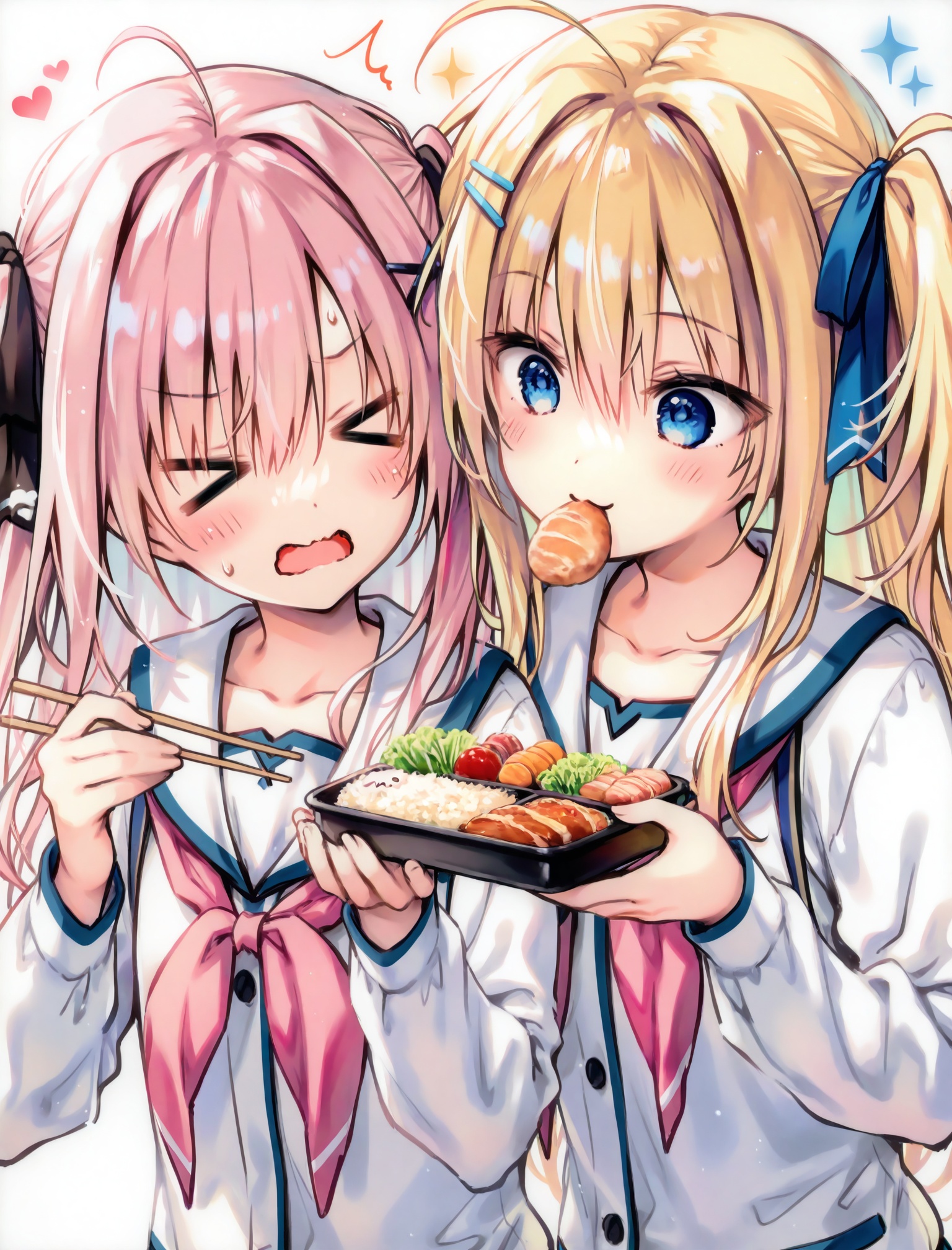 masterpiece,absurdres,best quality,petite,high quality,//,multiple_girls,2girls,food,pink_hair,blonde_hair,>_<,blue_eyes,hair_ribbon,holding,ribbon,long_hair,blush,eating,school_uniform,two_side_up,white_shirt,hair_ornament,heart,sailor_collar,sparkle,:3,black_ribbon,single_hair_intake,white_background,shirt,hairclip,pink_neckerchief,hair_between_eyes,^^^,white_sailor_collar,long_sleeves,simple_background,food_in_mouth,sweatdrop,collarbone,closed_eyes,upper_body,blue_ribbon,wavy_mouth,surprised,neckerchief,multicolored_hair,ahoge,open_mouth,bow,hair_intakes,bento,star_\(symbol\),chopsticks,mouth_hold,one_side_up,<lora:yuzuna_hiyo——【CKXL】hans:0.88>,