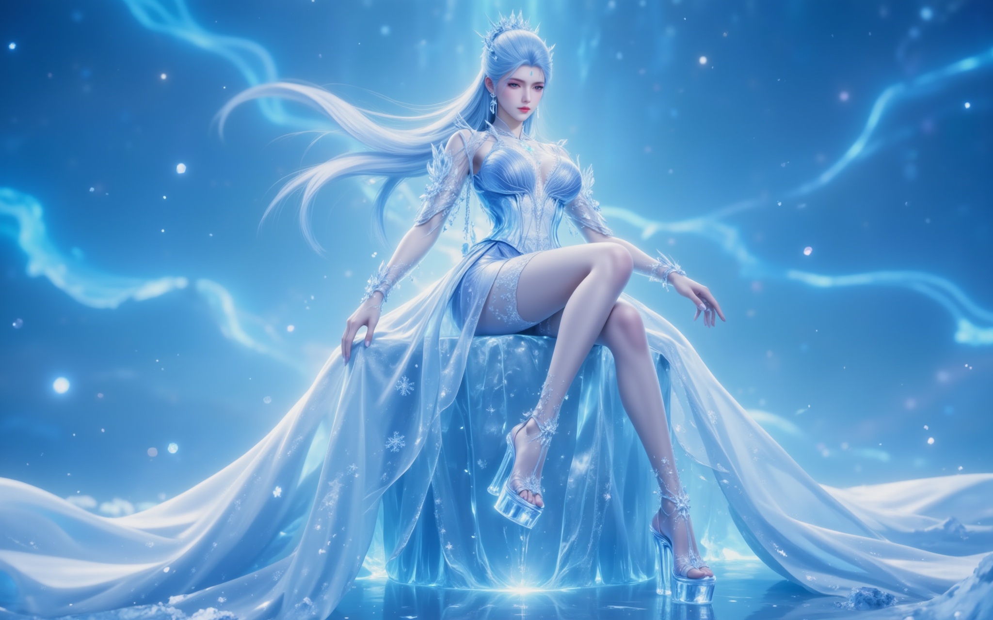 <lora:雪帝8:1.1>,xuedi,Enthroned upon a monolith of ancient glacial ice,the Snow Empress's ombré blue-white tresses cascade like frozen waterfalls,each strand adorned with delicate ice fractals. Her semi-transparent gown woven from arctic spider silk shimmers with aurora borealis hues,the hand-embroidered snowflakes at the hem glowing cerulean as she crosses her legs. The sapphire-platform heels tap the ice,sending hexagonal frost patterns radiating outward.,Leaning forward into the backlight,her silhouette sculpts mesmerizing curves,the glacial pendant at her décolletage dancing with her hoarfrost earrings. In a breathtaking 8K close-up,the falling snowflakes are seen evaporating 0.5cm from her skin - this singular warmth in the permafrost becomes the most extravagant spectacle of the North Pole.,<lora:DJ滤镜_2.5D版:0.2>,lvjing,<lora:绚丽多彩·优化9:0.3>,lvjing,