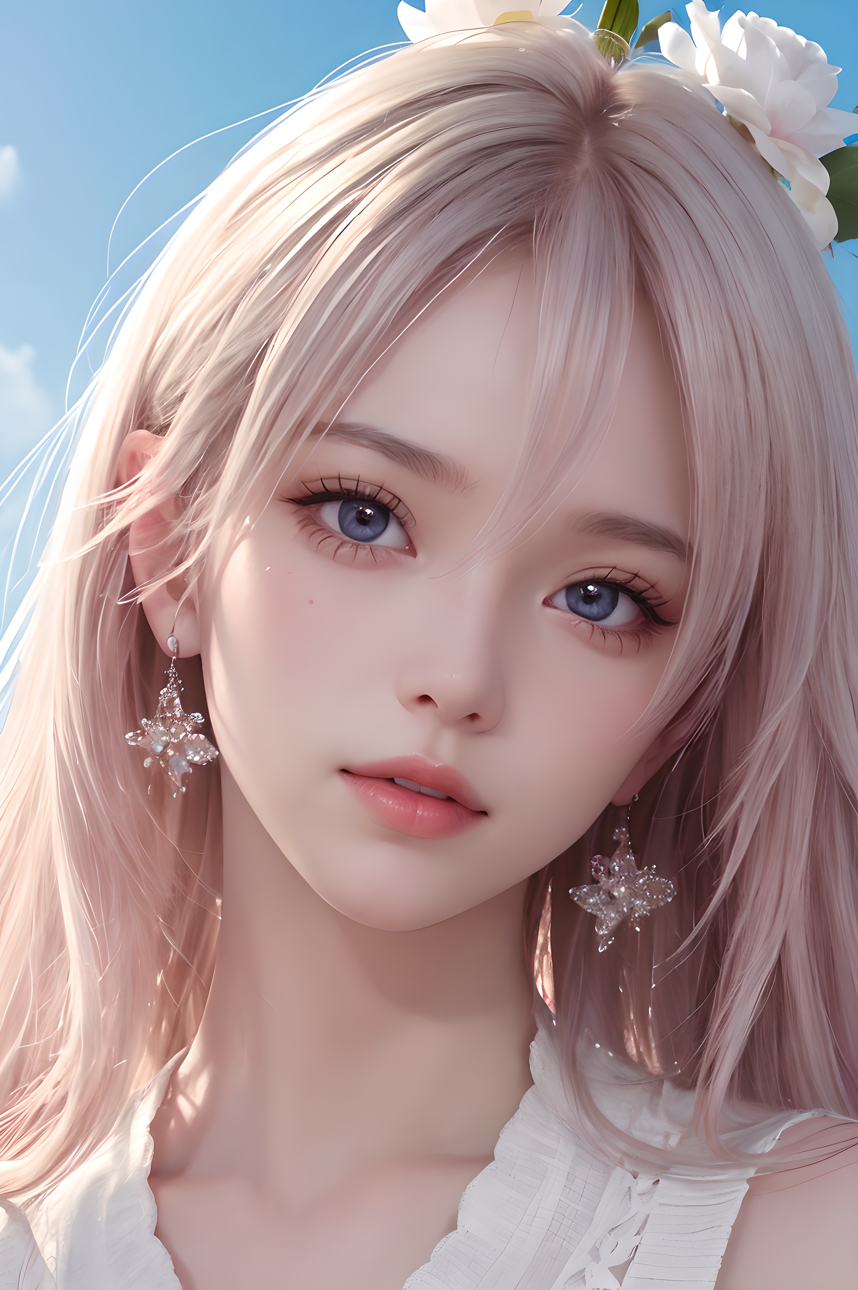 1girl, flower, hair_flower, hair_ornament, earrings, solo, jewelry, hatsune_miku, white_flower, closed_mouth, looking_at_viewer,illustrator, anime , realistic ,sketch , ,lip, Sweater,order,pink gradient background, Neon hair,Textured crop, Canadian, (masterpiece,best quality),masterpiece,high quality,best quality),(colorful),(delicate eyes and face),volumatic light,ray tracing,extremely detailed CG unity 8k wallpaper,(ahoge:1.3),best quality,official art,(((light from the sky))),floating hair,light shines on hair,whultra-detailed,(((extremely detailed cg 8k wallpaper))),(crystalstexture skin:1.4),(extremely delicate and beautiful),(white skin),looking_at_viewer,kinghere fensejiaren,,realistic,