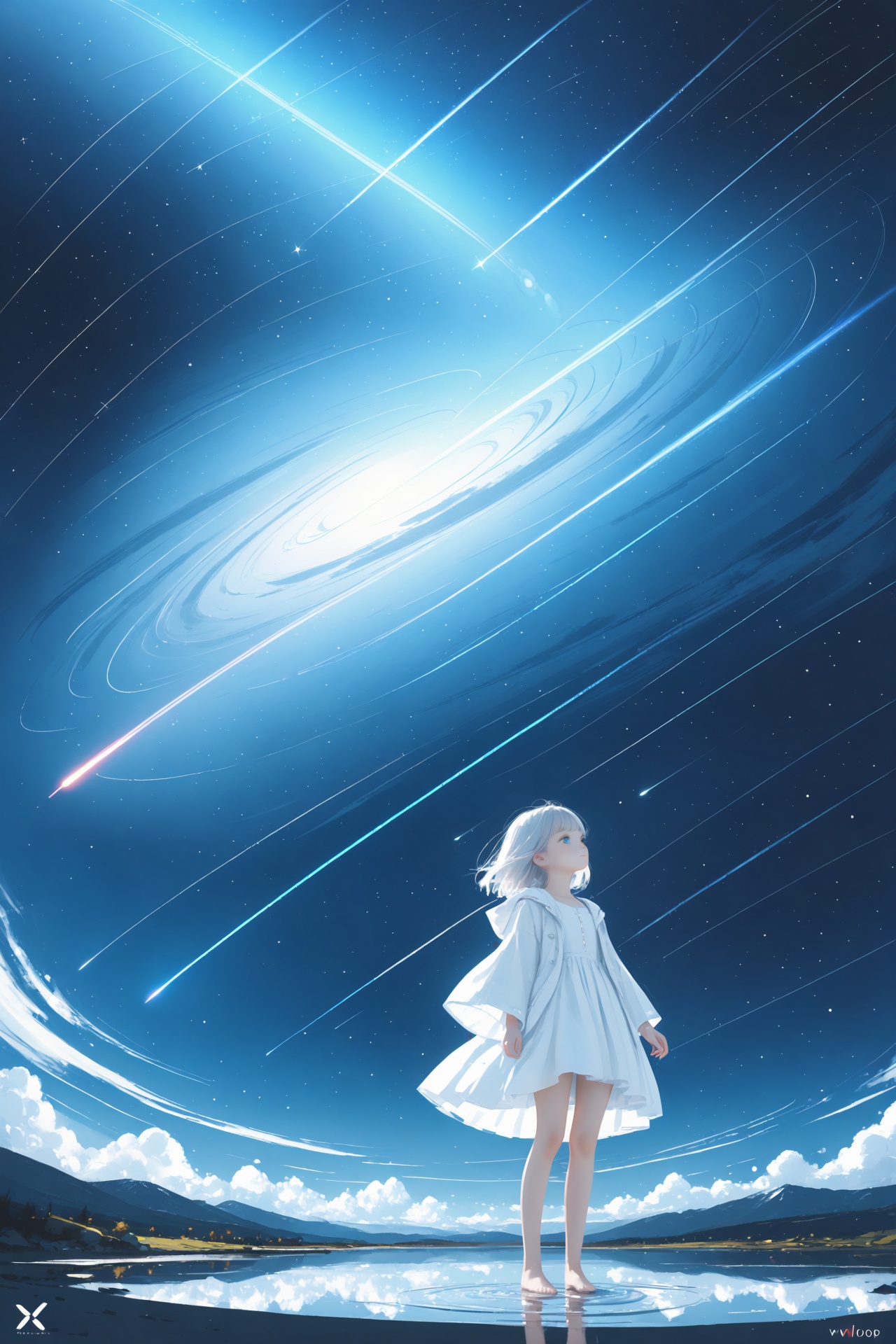 masterpiece,best quality,high quality,(colorful),[[[[Artist wlop:0.1]]]],loli,1girl,solo,barefoot,star (sky),sky,short hair,standing,dress,white hair,white dress,shooting star,blue eyes,full body,long sleeves,starry sky,wide sleeves,star (symbol),hood down,hood,closed mouth,water,ripples,jacket,looking up,cloud,night sky,open clothes,arms at sides,