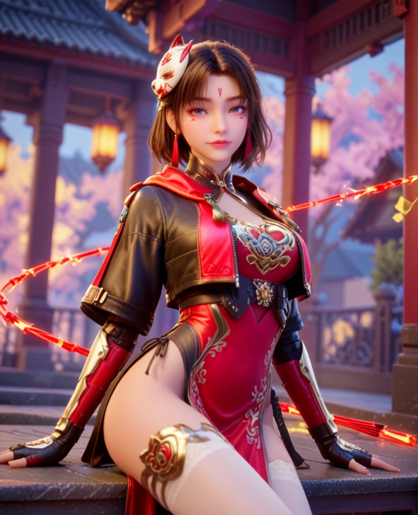 (oriental architecture, elegant decor, sophisticated style:1.1),(Sitting on a staircase with legs dangling,:1.1),(breasts:1.2),<lora:XL穿越火线蝉:0.95>,miss chan,cropped jacket,red corset,facial mark,blue eyes,brown hair,short hair,fox bun cover,fingerless gloves,red pelvic curtain,white thighhighs,black shorts,fire whip,mask on head,, score_9,score_8_up,score_7_up,score_6_up,score_5_up,score_4_up,3d rendering,tag1,tag2, Cinematic Lighting,backlighting,, zPDXL3, zPDXL2,zPDXL, zPDXLxxx, zPDXLrl,