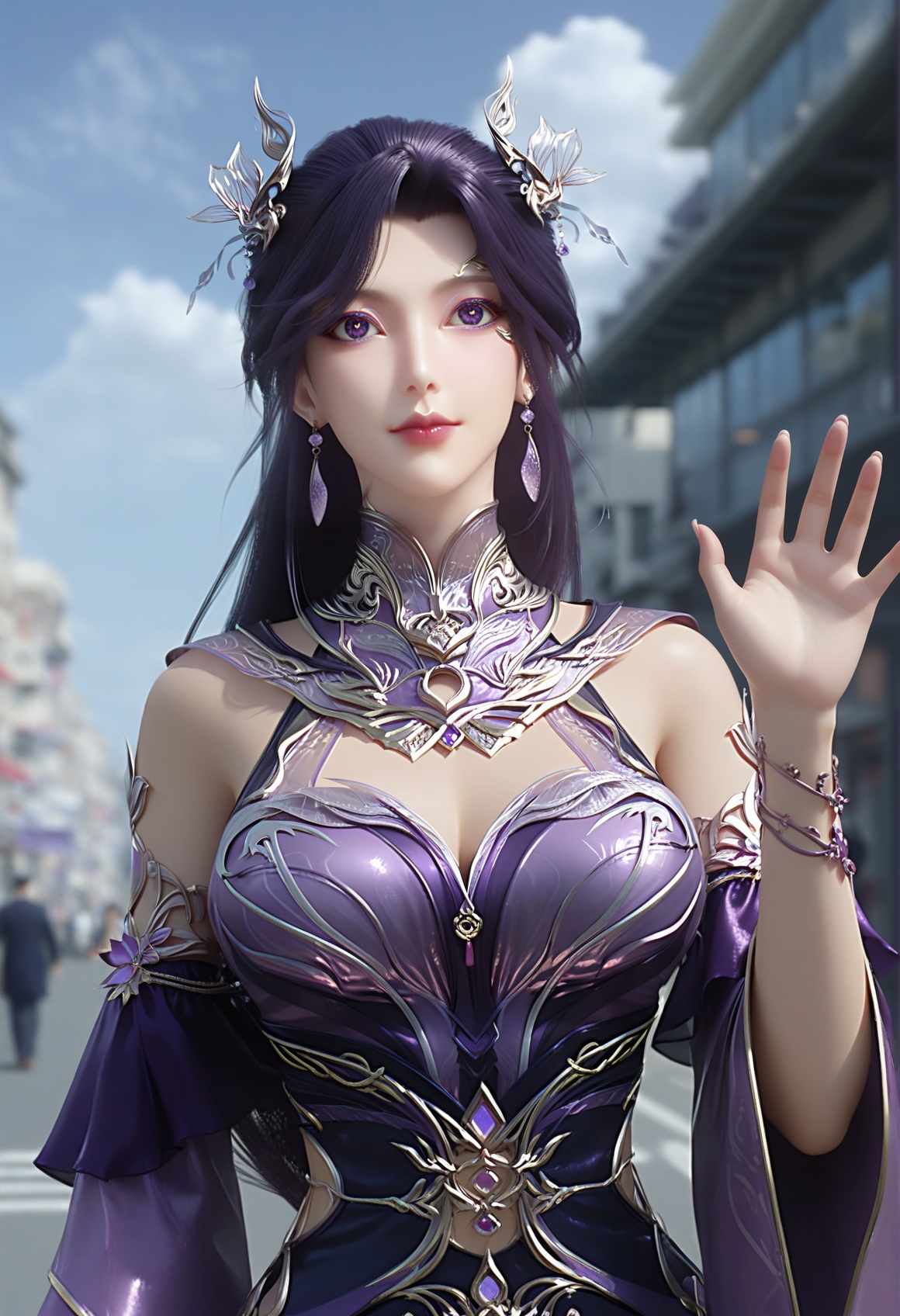 (score_9),<lora:燕倾城-Apony:0.83>,yanqinchen,(mature_female),solo,long hair,hair ornament,purple hair,high collar,jewelry,detached collar,earrings,purple dress,detached sleeves,belt,<lora:perfect eyes_v1:0.8>,purple eyes,front view,bright pupils,<lora:Expressive_H-000001:0.8>,(waving:1.1),upper body, glamor,collarbone,pointy breasts,puffy breasts,large breasts,narrow waist,outdoors,street,blue sky,blur background,building,city,cloud,cloudy sky,day,depth of field,