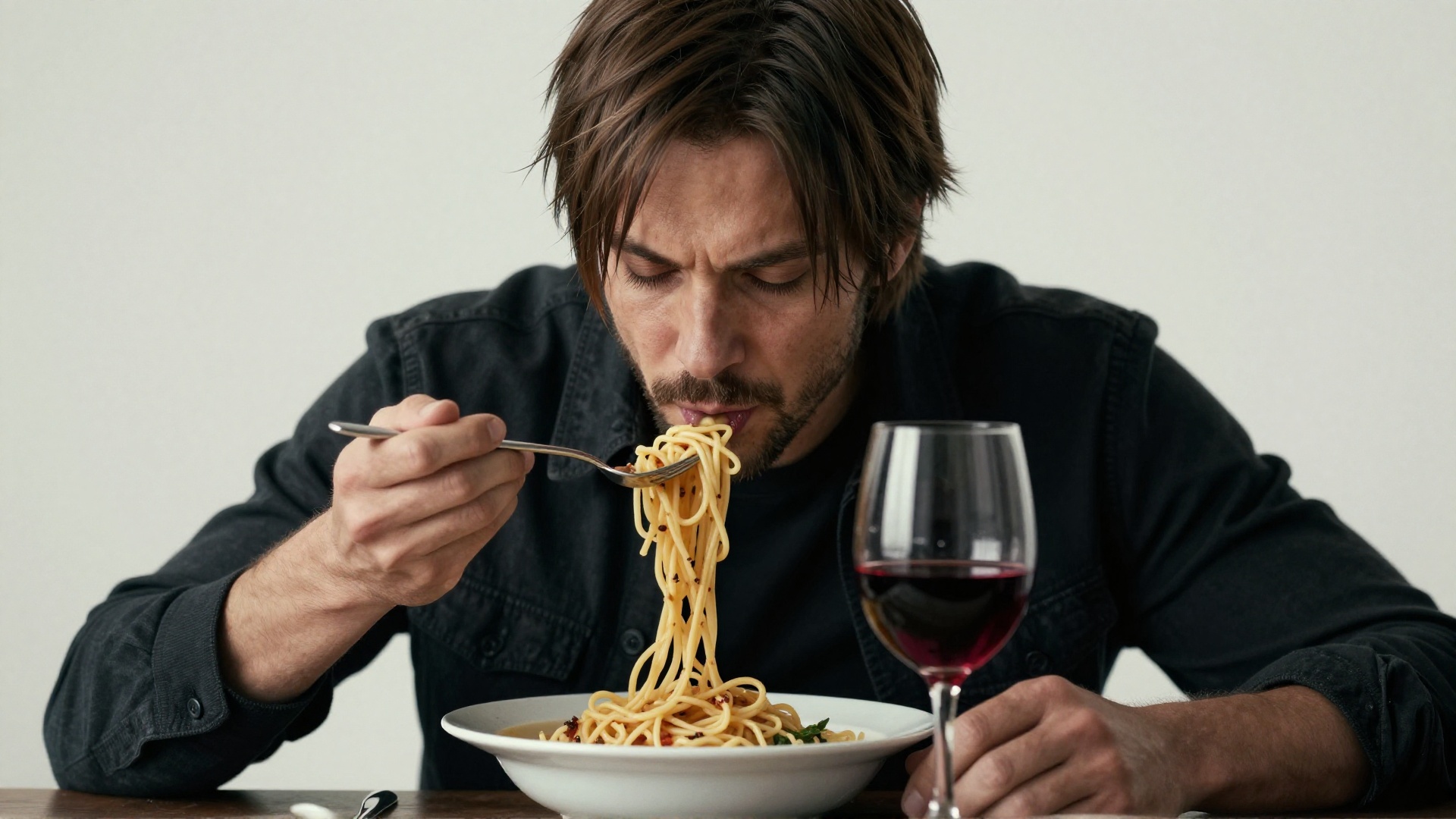 Hyperrealistic art of cinematic realistic style,  sharp detailed image of a man eating spaghetti with a fork and a glass o...