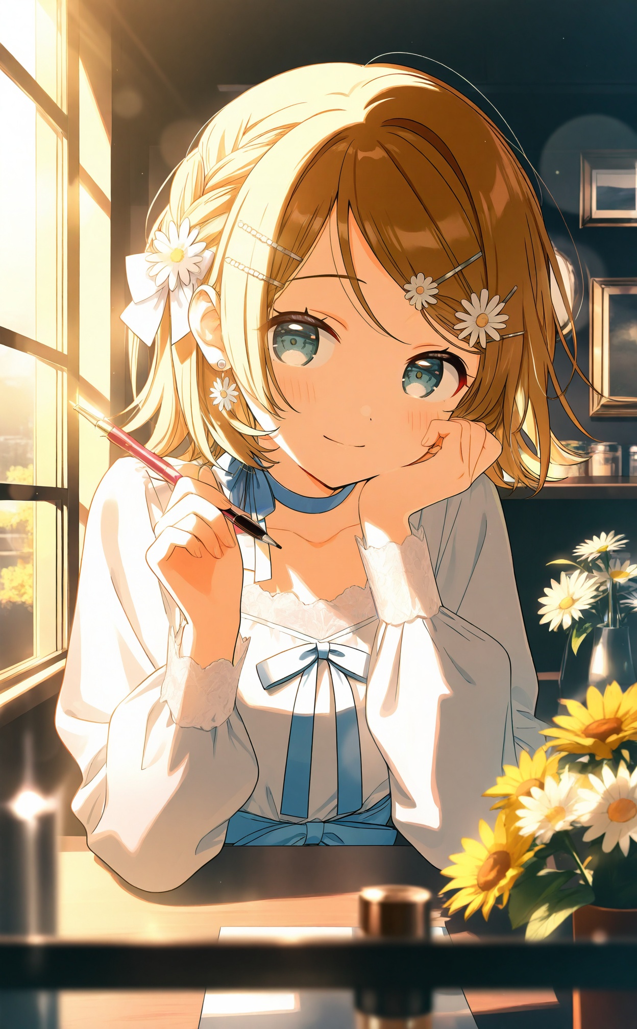 masterpiece,absurdres,best quality,loli,petite,high quality,chromatic_aberration,dark,black theme,//,1girl, blurry, flower, solo, depth_of_field, dress, vase, braid, sunlight, window, elbow_rest, choker, swept_bangs, brown_hair, white_dress, jewelry, sunflower, blurry_background, picture_frame, frills, white_bow, yellow_flower, white_choker, sidelighting, looking_at_viewer, earrings, hair_ornament, daisy, white_flower, long_sleeves, elbows_on_table, lens_flare, frilled_sleeves, holding, open_window, hand_on_own_cheek, hand_on_own_face, light_particles, blurry_foreground, flower_earrings, bokeh, medium_hair, ribbon, indoors, yellow_theme, glint, backlighting, hair_ribbon, puffy_sleeves, white_ribbon, green_eyes, head_rest, smile, day, frilled_dress, closed_mouth, lace-trimmed_sleeves, light_blush, light_rays, hairclip, painting_\(object\), bow, table, jar, hair_behind_ear, puffy_long_sleeves, french_braid, short_hair, light, dot_nose, index_finger_raised, hairpin, parted_lips, lace_trim, hair_bow, holding_pen, upper_body, plant, hands_up, drawing_\(object\), pearl_earrings, side_braid, waist_bow, arm_rest, collarbone, pov_across_table, grey_eyes, windowsill, fingernails, cosmetics, flower_pot, ribbon_braid, back_bow, reflection, sitting, sideways_glance, light_smile, ribbon_choker, braided_bangs, hair_flower, wooden_table, blue_choker, potted_plant, neck_ribbon, cafe, morning, eyelashes, paintbrush, shadow, official_alternate_hairstyle, counter, lace-trimmed_dress, kagamine_rin, pencil, pearl_\(gemstone\)//,<lora:degrees_25——【CKXL】hans:1>,