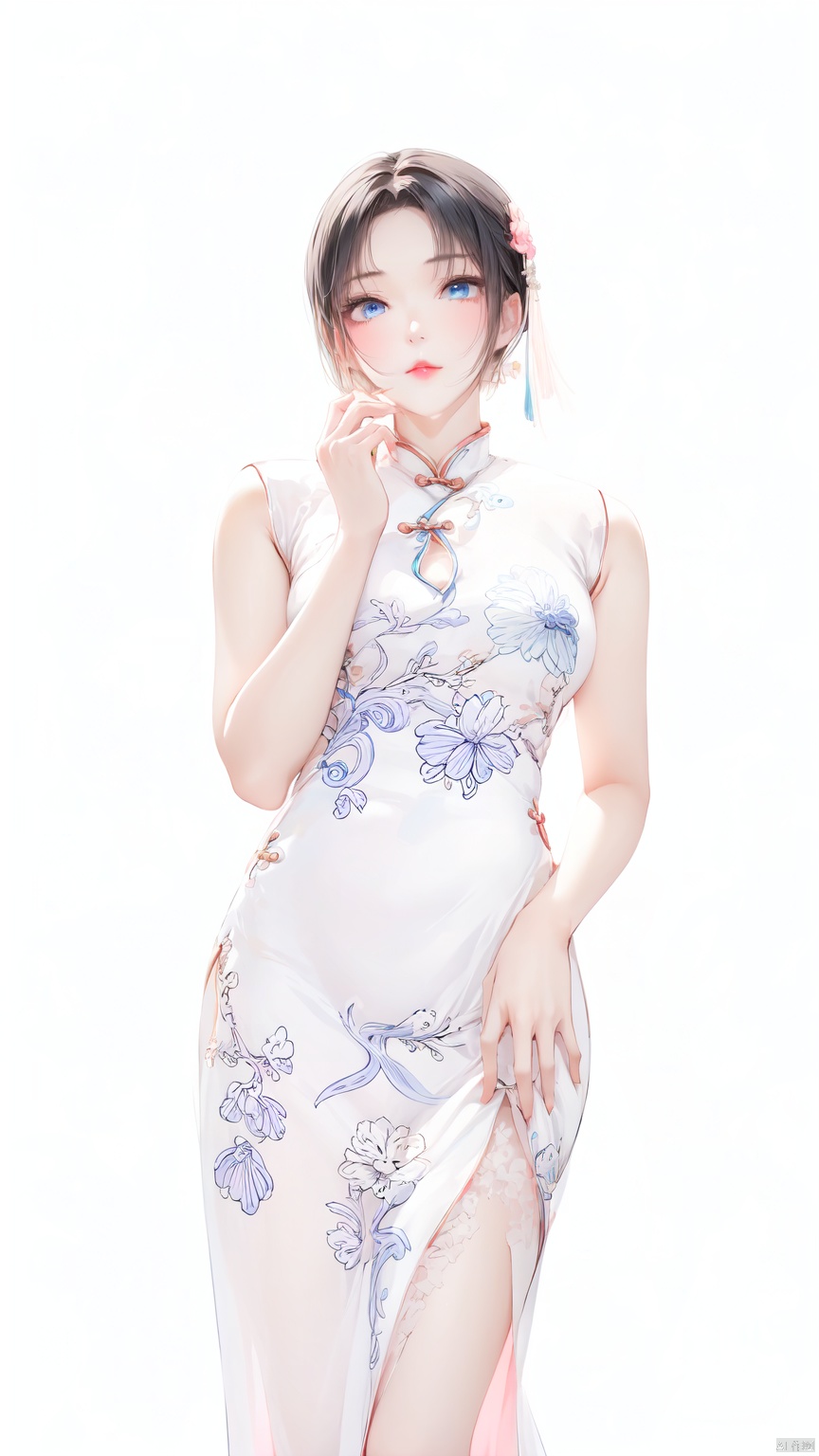 1girl, solo, short hair, black hair, white background, Blue eyes, white dress,Pink lips, chinese clothes, china dress, side slit, Medium breast,Cheongsam,——Clear hand contour,Hand intact,Five fingers of the hand are clear, loli, ((poakl))<lora:EMS-254762-EMS:0.500000>, <lora:EMS-260325-EMS:0.500000>, <lora:EMS-93-EMS:0.800000>
