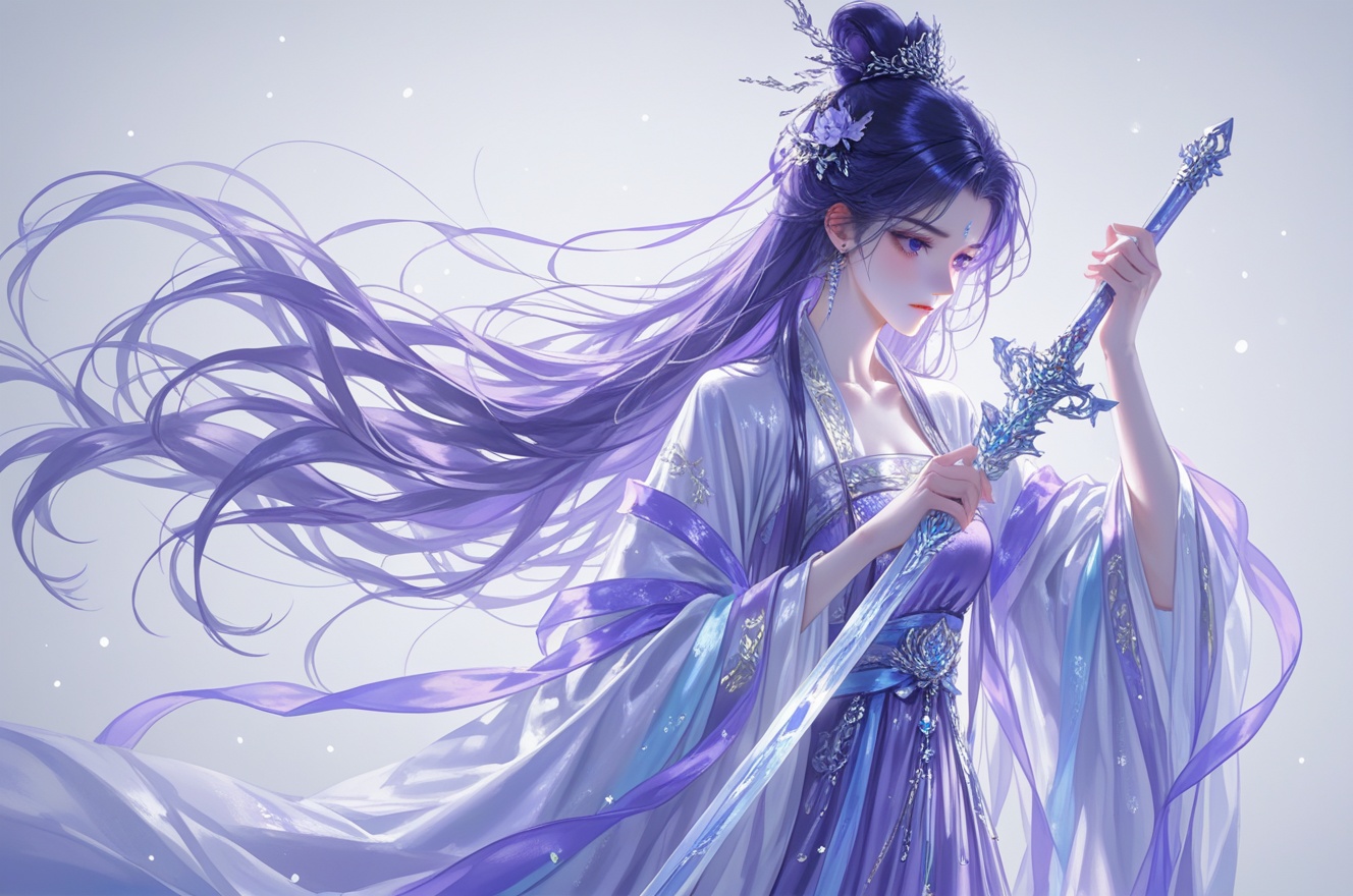 Lighting, Dramatic Lighting, Ray Tracing, (artist:quasarcake:0.8), extreme aesthetic, (wlop:0.6), White background, very long hair, simple background, white theme, folds, close your mouth, 1 girl, solo, long hair, weapon, purple hair, sword, Chinese clothing, Hanfu, holding, holding a weapon, long sleeves, purple eyes, whole body, holding a sword, purple dress, wide sleeves, bun, shut up, floating hair, jewelry, half body, animated clothes, ancient Hanfu, light particles, chinese clothes, hanfu, ice blue hair, flower, background, long sleeves, <lora:lora:0.3>, 
