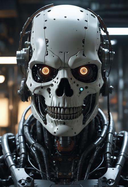 Cyberpunk, sci-fi, dark-fantasy, kodak portrait 400, 8k, soft light, volumetric lighting, highly detailed, britt marling style 3/4, portrait photo of a war man cyborg robot in a chemical laboratory + face, face is skullbone with scares, intricate, elegant, highly detailed, devil-armor, 2D motifs detailed dark fantasy digital painting, artstation, concept art, smooth, sharp focus, illustration, art by Otomo Katsuhiro and ShirÅ Masamune and Oshii Mamoru. Cosmic light in backfront