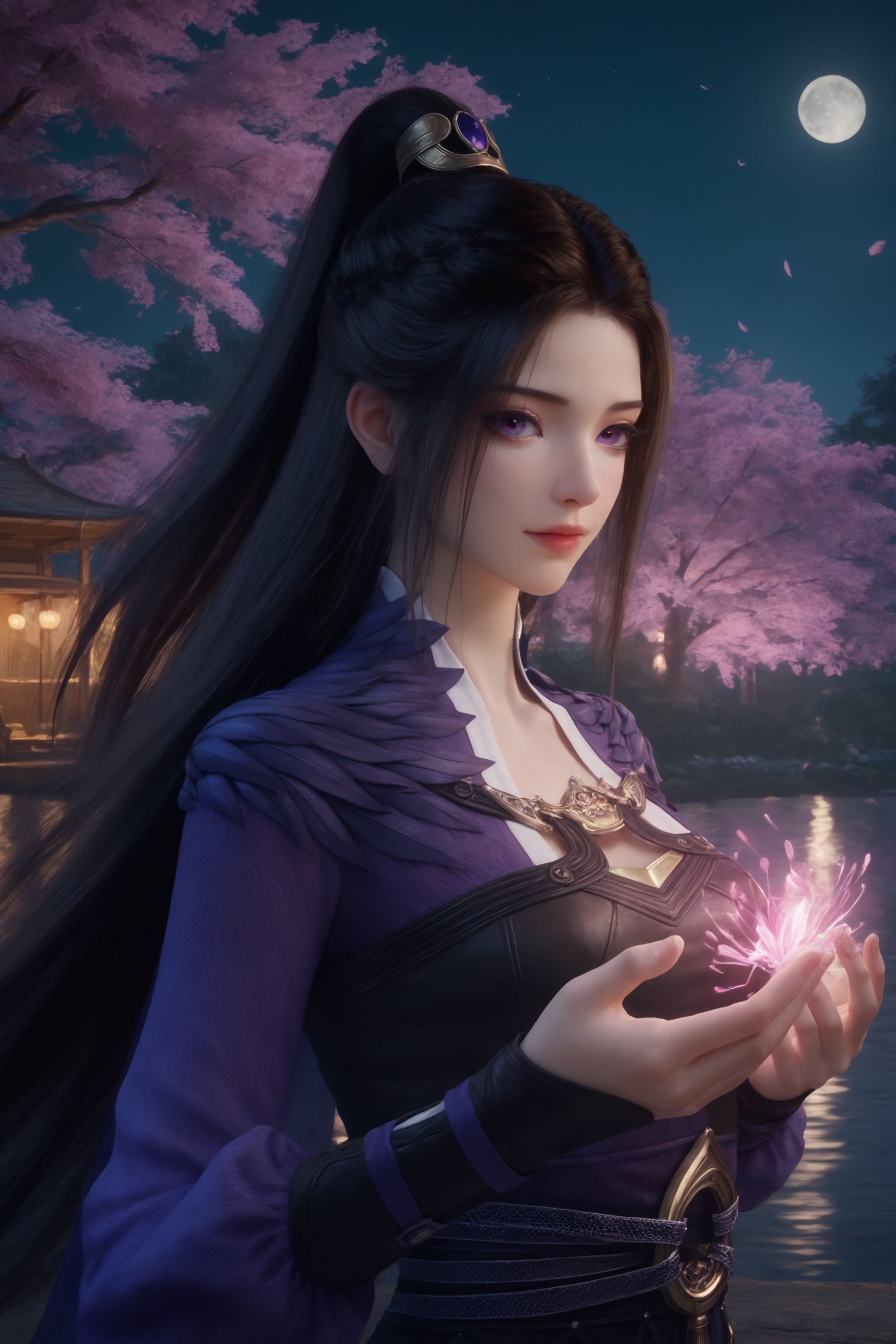 masterpiece,best quality,solo,1girl,upper body,petals,looking at viewer,moon,branch,cherry blossoms,flower,extreme aesthetic,(quasarcake:0.7),masterpiece,best quality,good quality,newest,very aesthetic,absurdres,A shot with tension,(Visual impact,giving the poster a dynamic and visually striking appearance:1.2),impactful picture,offcial art,colorful,splash of color,movie perspective,photo realistic,masterpiece,best quality,soft glow,skin texture,<lora:凡人-紫灵-天南大陆ILL:0.7>,long,straight black hair,purple eyes,golden crown,flowing,deep purple gown with intricate gold accents,including a high collar and a belt with a large,round,golden buckle.,