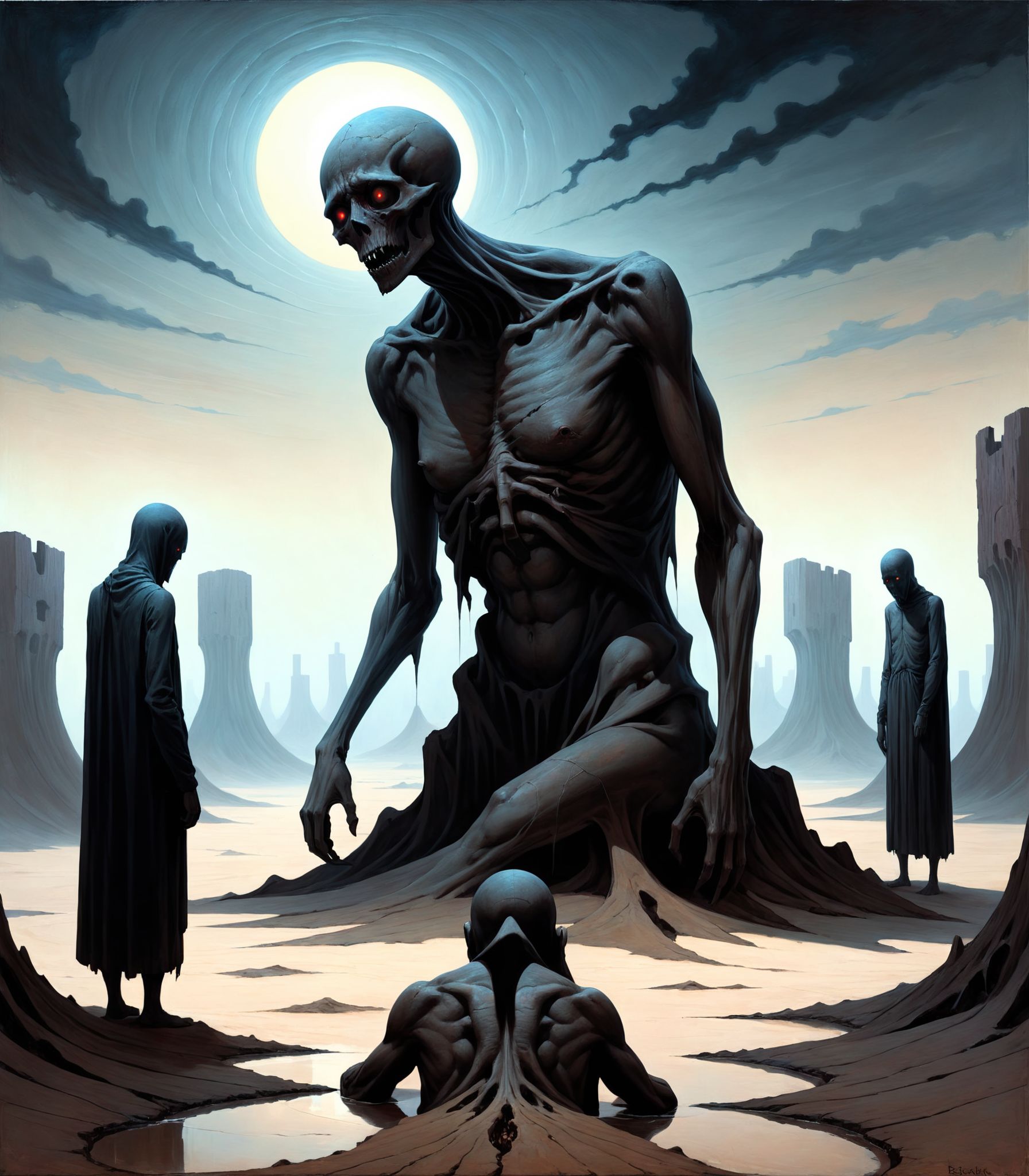 A surreal painting in the style of Beksinski,  featuring a desolate landscape with twisted,  contorted figures on Tensor.Art