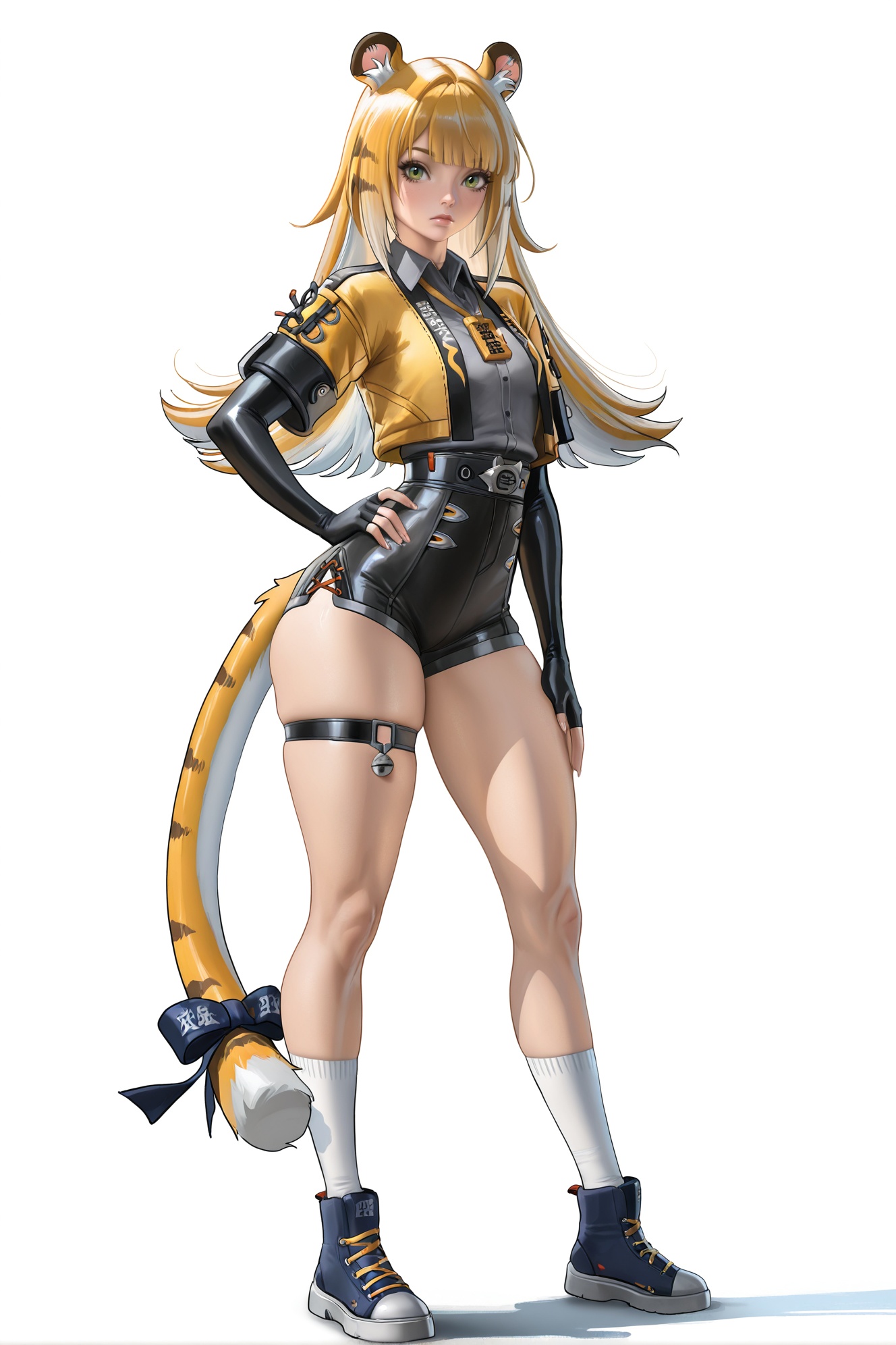 (8k:0.9),best quality,masterpiece,(ultra-detailed),(high detailed skin),masterpiece,best quality,artist:zd_1995,artist:OlchaS,artist:sakimichan,sakimichan \(style\),1full body,full shot,standing,looking at viewer,(solo:1.2),simple background,(white background:1.2),hand on own hip,(white background:1.1),<lora:jufufu-ill-Tanger-000013:0.8>,Ju fufu \(Zenless Zone Zero\),clothes: black-and-yellow def suit,tiger girl,1girl,green eyes,animal ears,blonde hair,shoes,shorts,shirt,long hair,thigh strap,short sleeves,bangs,black fingerless gloves,white socks,black shorts,collared shirt,tail ornament,