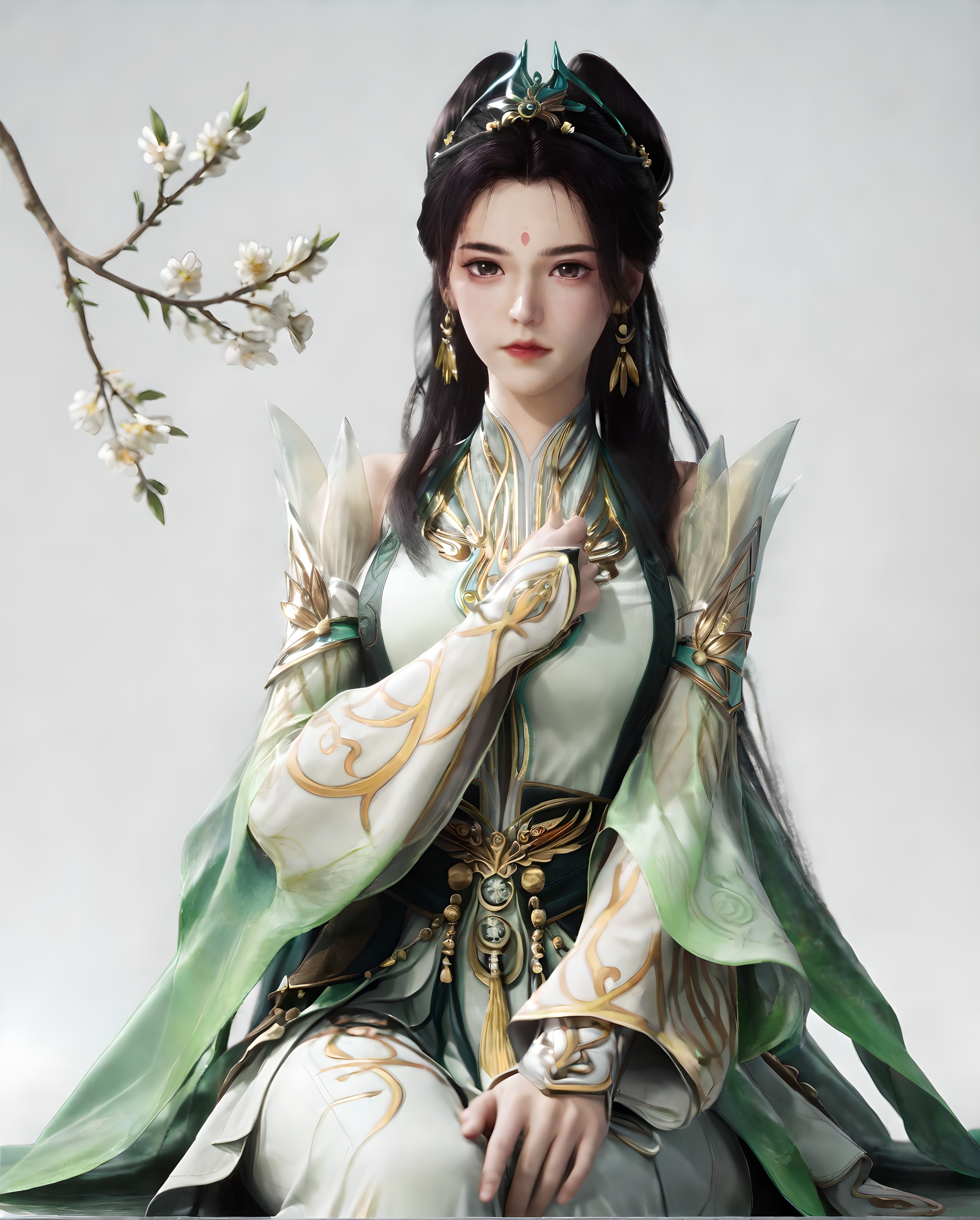 <lora:SF_LongJi_Pony_Realism-000004:0.7>,1girl,solo,flower,forehead mark,dress,earrings,detached sleeves,facial mark,hair ornament,jewelry,sitting,looking at viewer,branch,black hair,long hair,hair bun,green dress,white background, 