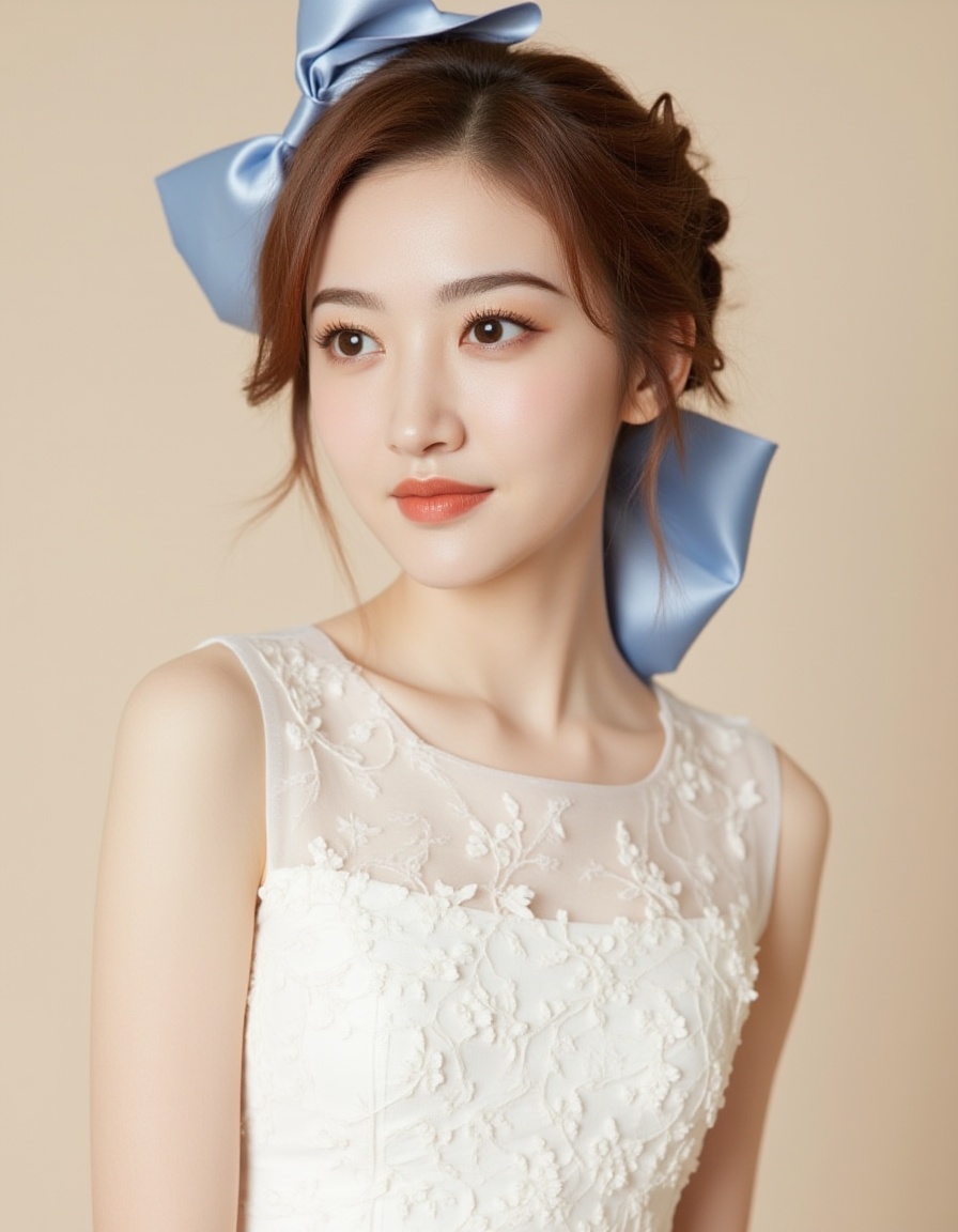 A photograph features a young Asian woman with fair skin and a slender build. She has wavy, light brown hair adorned with a large, satin blue bow. Her makeup is subtle, with a natural look. She wears a white, sleeveless, textured dress with delicate floral patterns. Her expression is calm and serene as she gazes slightly to the side. The background is a plain, light beige, ensuring the focus remains on her. The image has a soft, dreamy quality, emphasizing elegance and innocence.