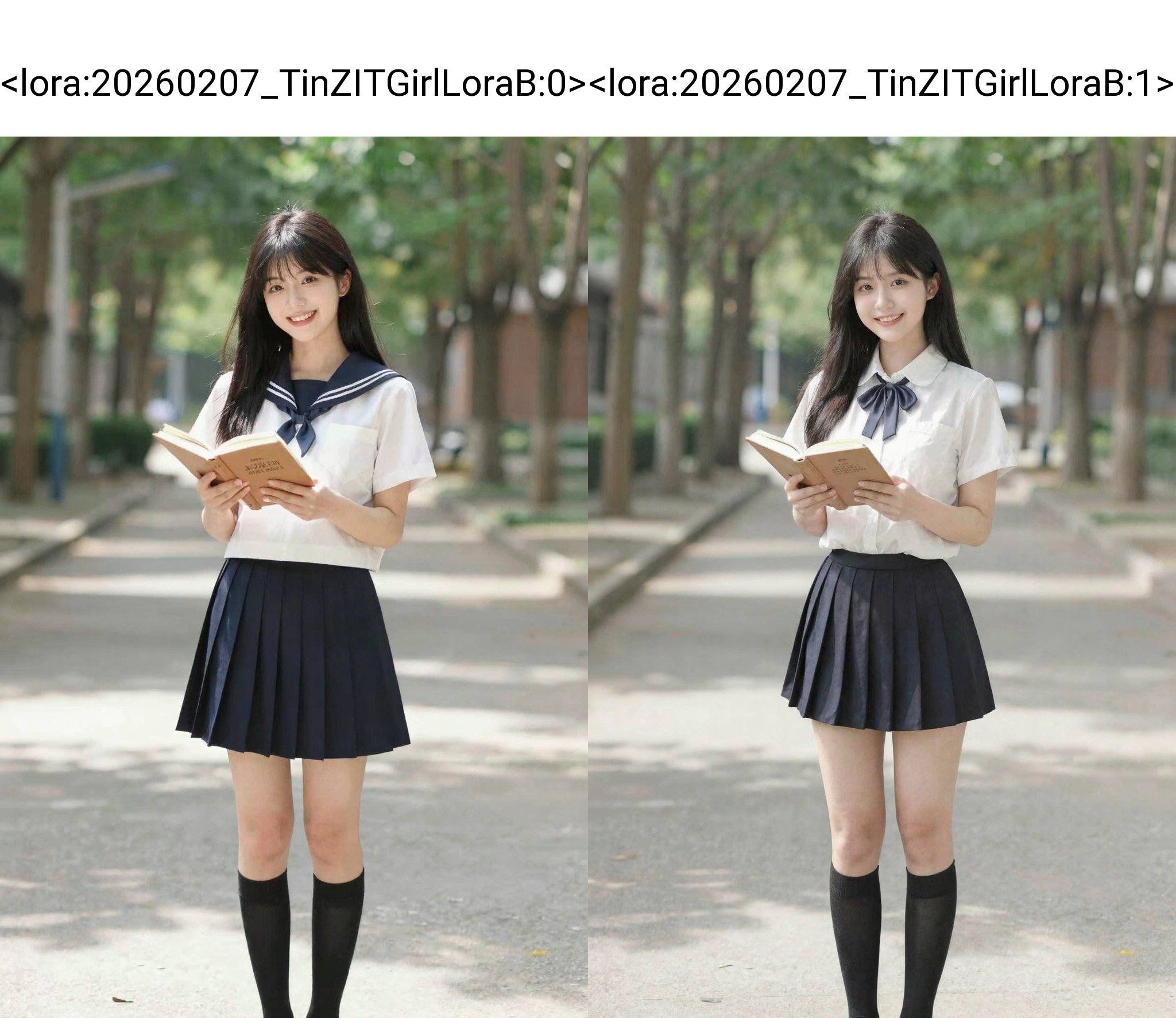 <lora:20260207_TinZITGirlLoraB:0>, A young Asian woman, estimated age range 18-22, stands gracefully on a paved pathway, smiling warmly. She wears a classic school uniform comprising a white short-sleeved blouse with a navy blue sailor collar and tie. Her skirt is a pleated navy mini-skirt, contrasting with the white blouse. She has long, straight black hair with a fringe, slightly covering her eyebrows. Her skin is fair, smooth and her eyes are dark. She holds an open book with a brown cover, her expression radiating joy. Her legs are slender, and she is wearing knee-high black socks. The path is lined with tall trees, casting soft shadows across the scene, indicating bright daylight. The background reveals a building in the distance, partially blurred. The overall lighting is natural and even, enhancing the colors and details. The composition is a medium shot, slightly from a low angle, enhancing her presence. The image conveys a cheerful, youthful, and vibrant mood, possibly a school setting, with an air of pleasantness. Art style can be described as detailed realism with soft, warm tones. long legs,