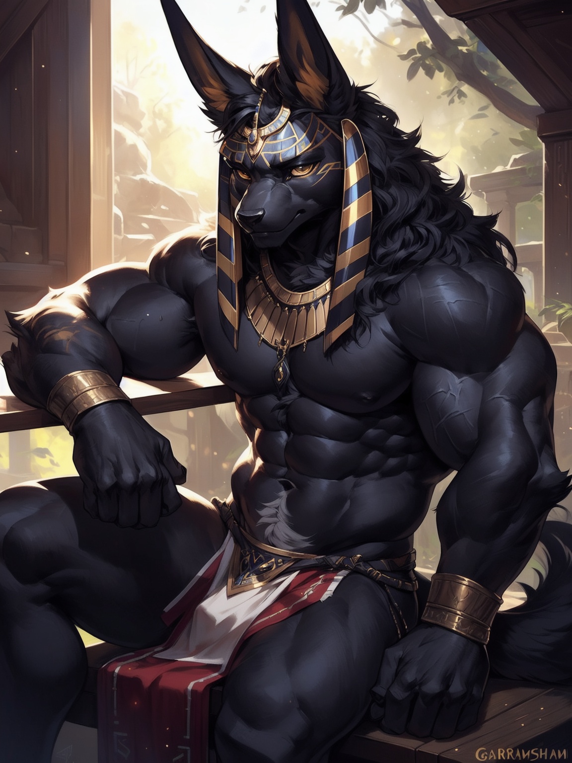 ((anime)), upload on e621, by Garmash,Ruan Jia, darkgem, anthro, male, ((( detailed fluffy fur))), ((sitting)), detailed realistic painting, (((biceped))), (((shaded))) extreme detail, ((anubis)), loincloth, black body, light particles