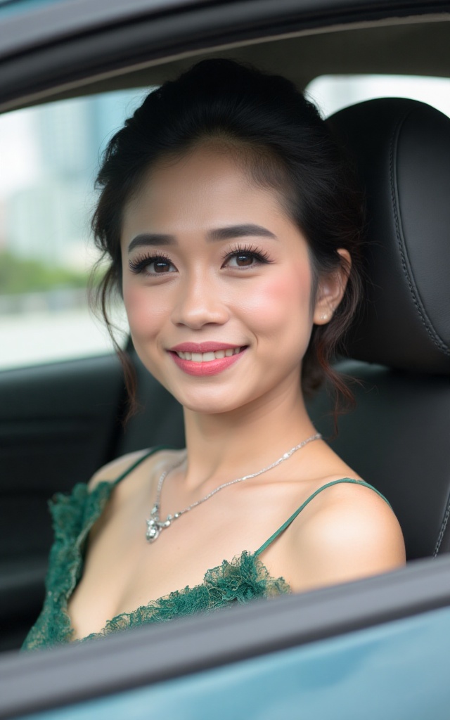 Diandr4,  Photograph of a smiling young Asian woman with medium skin tone,  dark brown hair in an elegant updo on Tensor.Art