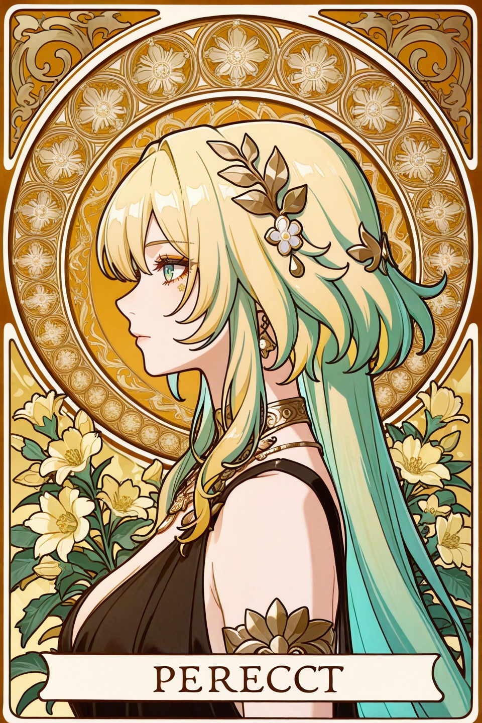 <lora:夏穆风·滤镜·ILL:0.8>,<lora:aglaea_v0.1_Illustrious:0.6>,1girl,aglaea_\(honkai:_star_rail\),blonde_hair,green_eyes,short_hair,hair_ornament,art nouveau,long hair,1girl,profile,jewelry,flowers,hair ornament,necklace,solo,from side,depth of field,masterpiece,best quality,very aesthetic,alternate costume,alternate costume,2024,2023,perfect composition,ultra-detailed,extreme aesthetic,masterpiece,best quality,good quality,newest,year 2024,year 2023,very aesthetic,absurdres,looking_at_viewer,colorful,makeup,