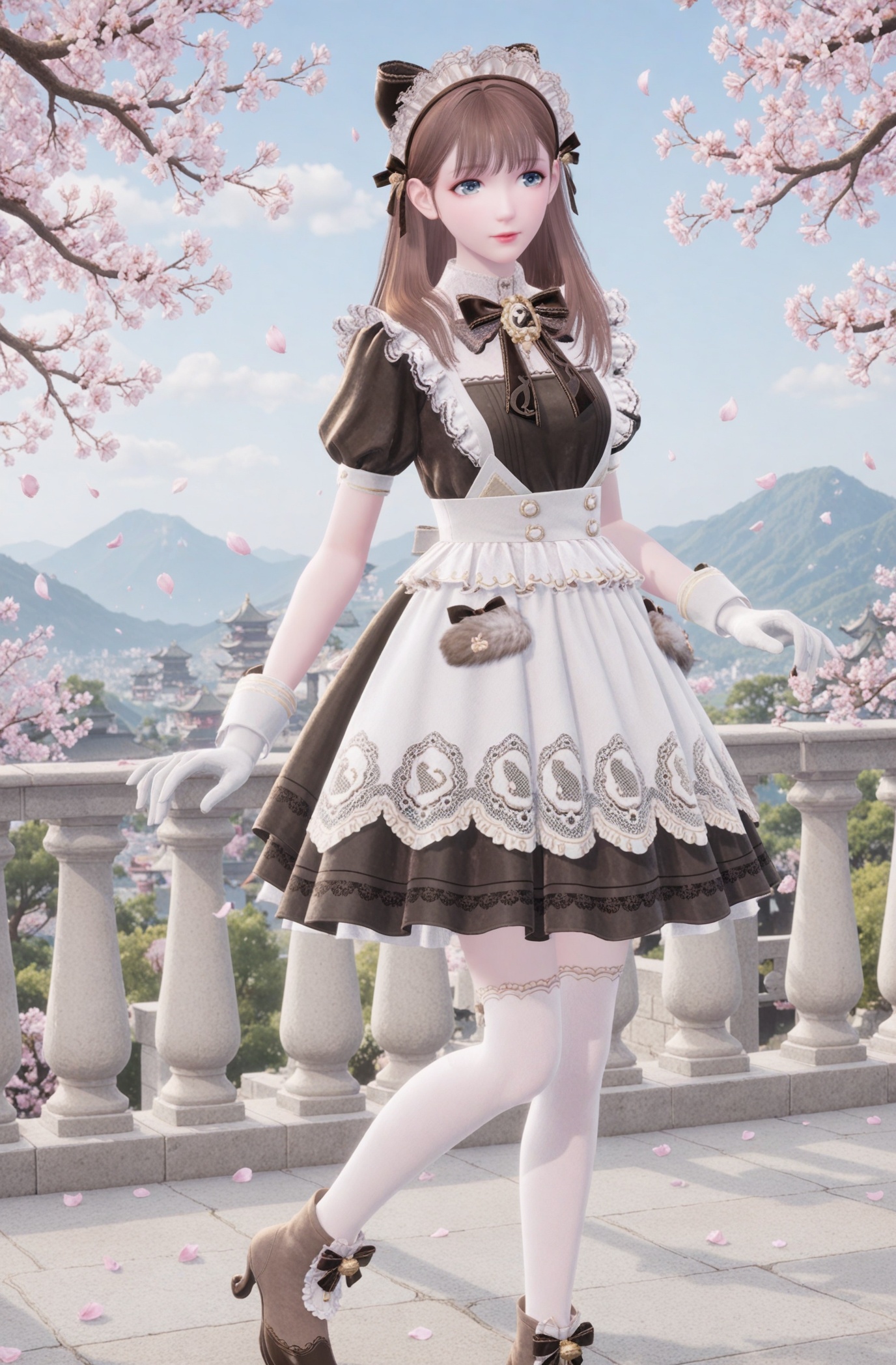 (upper_body:1.1),looking_at_viewer,fantasy,dreamlike,Pastel Colors,hyper realistic,southeast asia,aestheticism,beautiful detailed sky,chinese mythology,wonderland,peach blossom,falling petals,smog,yunxia,<lora:YQ_li光辉v5_nuannuan11_V7:0.8>,1girl,q1528437228,solo,bow,dress,brown hair,long hair,maid headdress,black bow,maid,black dress,puffy sleeves,short sleeves,ribbon,hair bow,puffy short sleeves,frills,apron,gloves,white gloves,blue eyes,thighhighs,white thighhighs,white apron,maid apron,high heels,brown footwear,zettai ryouiki,bell,boots,hair ribbon,skirt,bowtie,high heel boots,hairband,ankle boots,black footwear,lace trim,wrist cuffs,
