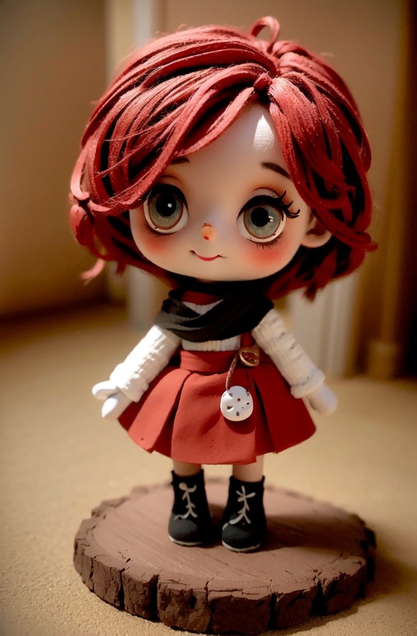 masterpiece,best quality,absurdres,clay style,1girl,solo,twin braids,smile,mittens,scarf,red hair,black eyes,red hair,black eyes,gloves,tree,forest,full body,skirt, shoes, 