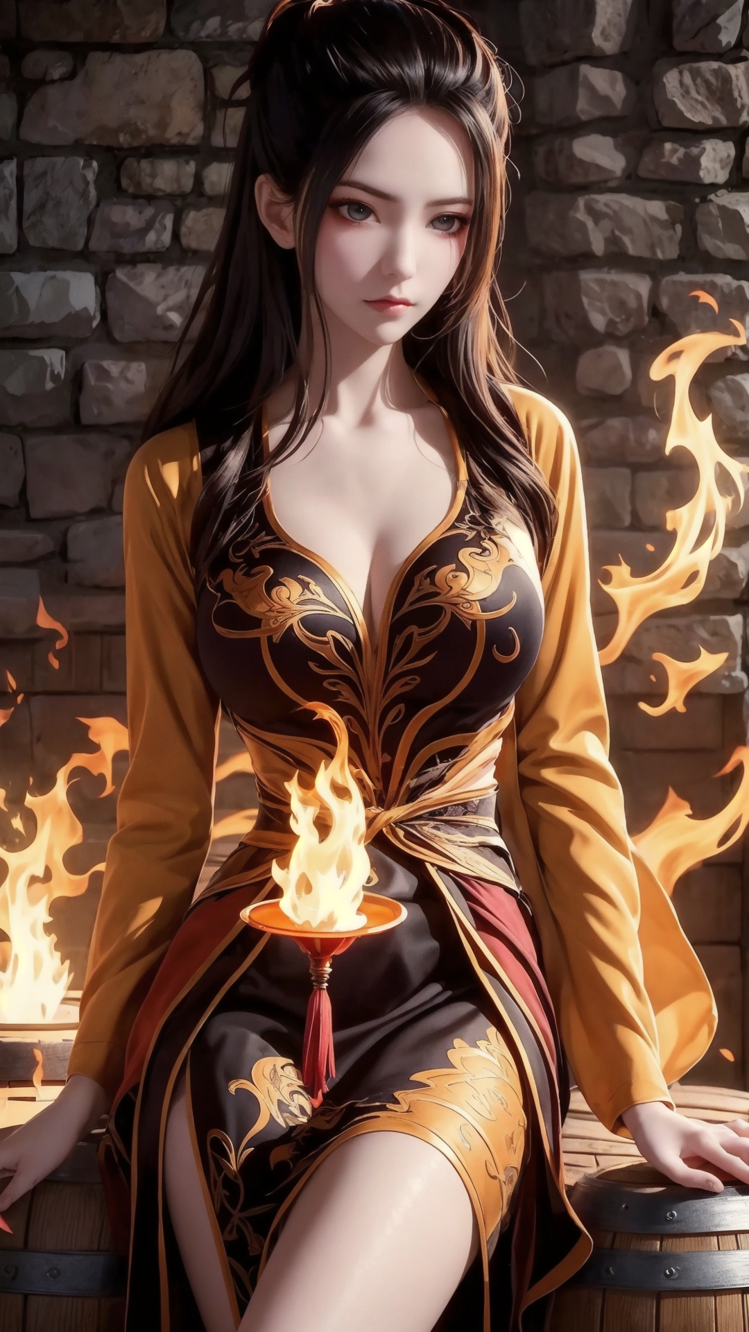 The image is a digital illustration of a female character sitting on a wooden barrel. She is wearing a black and orange outfit with intricate patterns and designs. The outfit has a high neckline and long sleeves, and the skirt is long and flowing. The woman has long dark hair that is styled in loose waves and is holding a yellow flame in her right hand. She has a serious expression on her face and is looking directly at the camera. The background is dark and eerie, with a stone wall on the left side of the image. The overall mood of the illustration is mysterious and powerful.,<lora:1.5焰灵姬(4):0.8>,