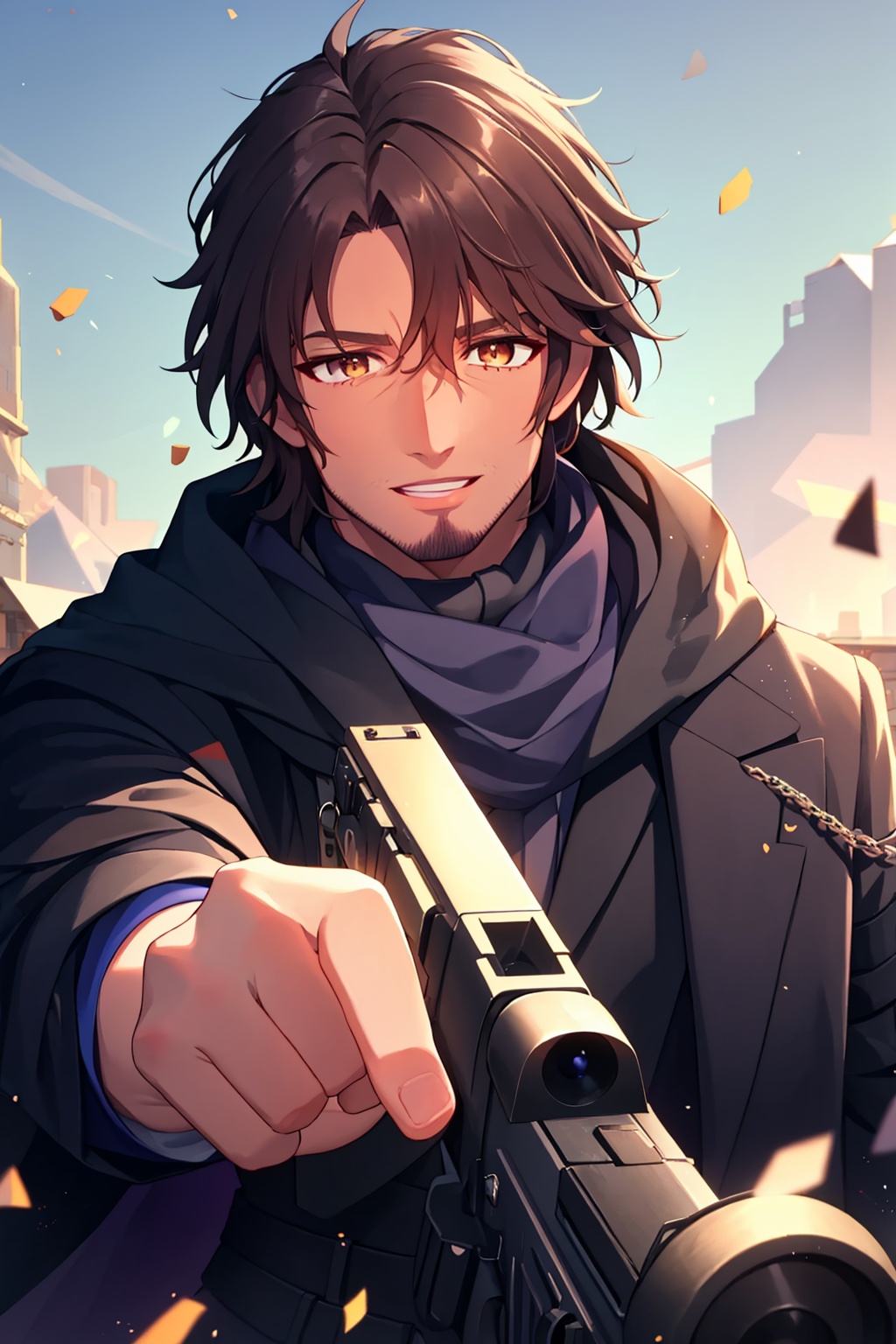 masterpiece,best quality, highly detailed, belmond banderas,virtual youtuber, male focus, solo, 1boy, thick eyebrows, stubble, black gloves, black jacket, looking at viewer, upper body, holding gun, low ponytail, ponytail, aiming at viewer, shirt, parted lips, scarf, debris, long sleeves,<lora:belmond_banderas:1>