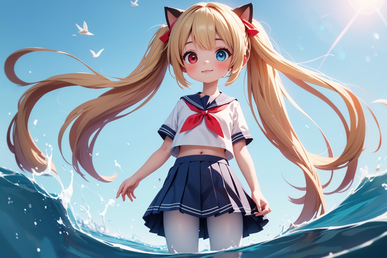 1girl,bangs,beach,bird,black legwear,(heterochromia:1.4),(red eyes:1.4),(blue eyes:1.4),(very long blonde hair:1.4),cat ears clouds,blue sailor collar,blue skirt,blue sky,blush,red bow,closed mouth,cloud,cloudy sky,condensation trail,day,eyebrows visible through hair,floating hair,hair bow,horizon,island,lake,lighthouse,looking at viewer,midriff,mountain,navel,neckerchief,ocean,outdoors,pantyhose,partially underwater shot,pleated skirt,red neckerchief,sailor collar,school uniform,seagull,shirt,shore,short sleeves,blonde hair,skirt,sky,smile,solo,standing,standing on liquid,sunlight,twintails,wading,water,waves,wet,white shirt,wind,strong wind blows,
