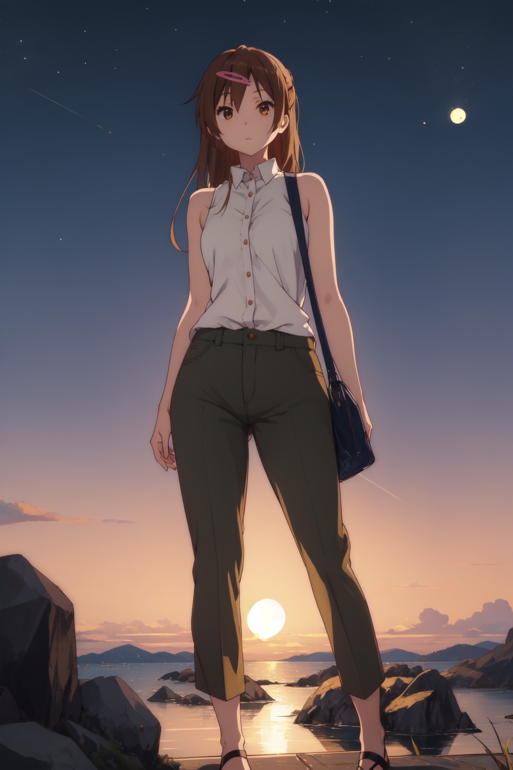 <lora:Shinka-000011:0.8>,Shinka CYQL,1girl,looking at viewer,solo,long hair,brown hair,one side up,brown eyes,hairclip,hair ornament,Sleeveless turtleneck top, paperbag pants, block heels,moaning,full_shot,Landscape, Lunar, Moon, Craters, Rocks, Silence, Serenity, Mystery,(Sea oats, Beach grass, Sand dunes, Sea breeze, Soft twilight, Seagulls:0.5),beautiful detailed sky,beautiful detailed glow,posing in front of a colorful and dynamic background,masterpiece,best quality,beautiful and aesthetic,contrapposto,female focus,wallpaper,