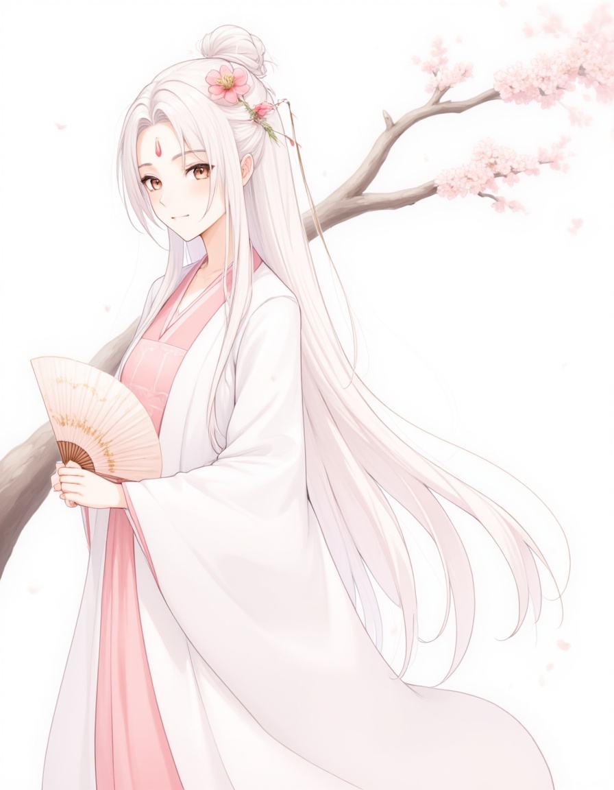 hanfu,chinese clothe,1girl,long hair,solo,white hair,forehead mark,dress,branch,facial mark,holding,hand fan,cherry blossoms,chinese clothes,hair ornament,flower,looking at viewer,white dress,hair bun,from side,holding fan,pink dress,jewelry,closed mouth,upper body,