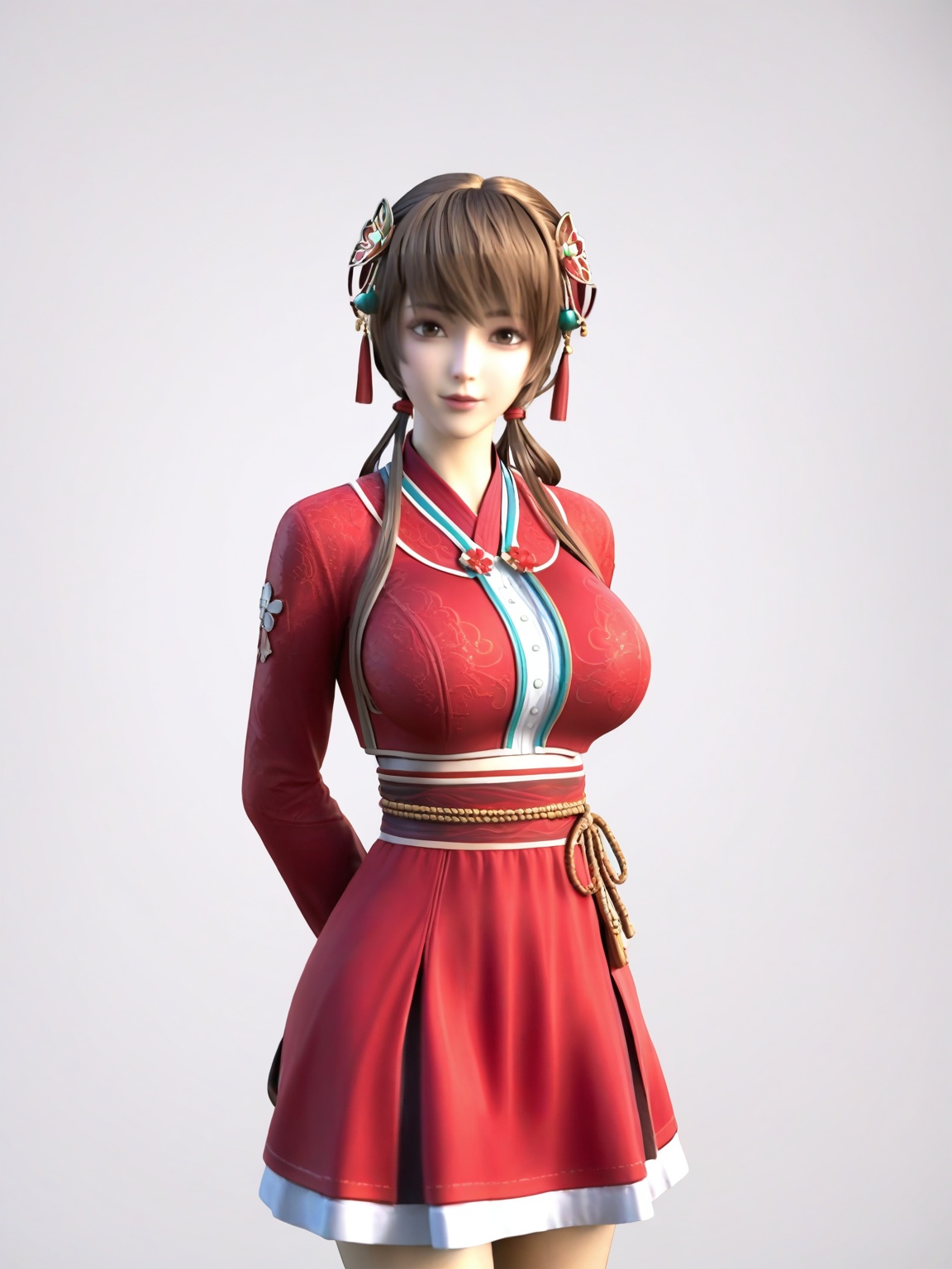 score_9,<lora:SF_HongYi_Pony_Realism2.3:0.7>,hair ornament,1girl,breasts,large breasts,long sleeves,red clothes,bangs,brown hair,solo,standing,skirt,looking at viewer,white background,simple background,