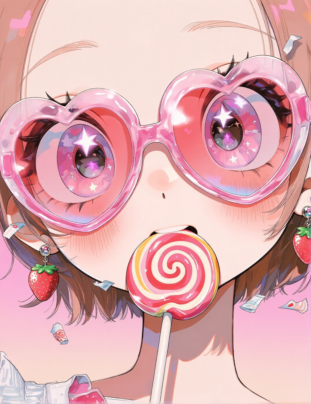 一张甜美可爱的动漫特写,  画面聚焦于少女的正脸,  她戴着一副夸张的粉色心形眼镜 by BP-miaomiao on Tensor.Art