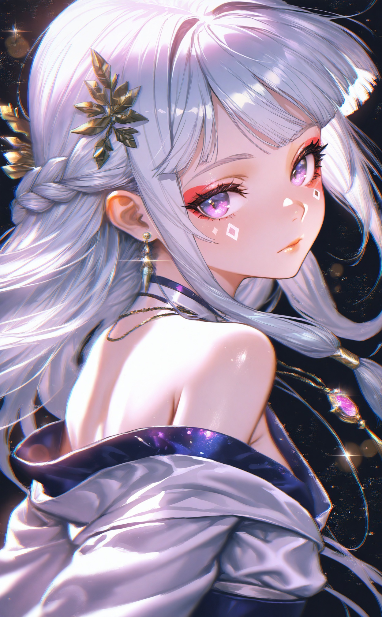 masterpiece,absurdres,best quality,loli,petite,high quality,chromatic_aberration,//,1girl, solo, jewelry, looking at viewer, earrings, long hair, white hair, blunt bangs, black background, hair ornament, upper body, closed mouth, purple eyes, facial mark, japanese clothes, kimono, light particles, necklace, off shoulder, simple background, white kimono, sidelocks, looking back, head tilt, braid, from side, floating hair, gem, looking to the side, glint, expressionless, bare shoulders, makeup, eyelashes, blurry, half updo, lips, depth of field, heart//,Depth of field,(colorful),hdr,Tyndall effect,depth of field,Tyndall Effect,blurry,blurry_background,depth_of_field,bokeh,glowing,//,<lora:ssxd2——【noob】hans:1>,