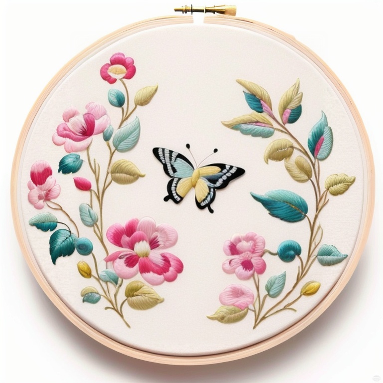 ((HRD, HUD, 8K)),((masterpiece, best quality)), highly detailed,Embroidery, no humans, bug, flower, still life, butterfly, pink flower, traditional media, white background, leaf, simple background, branch, plant,  <lora:20240520-1716211516835:0.9>