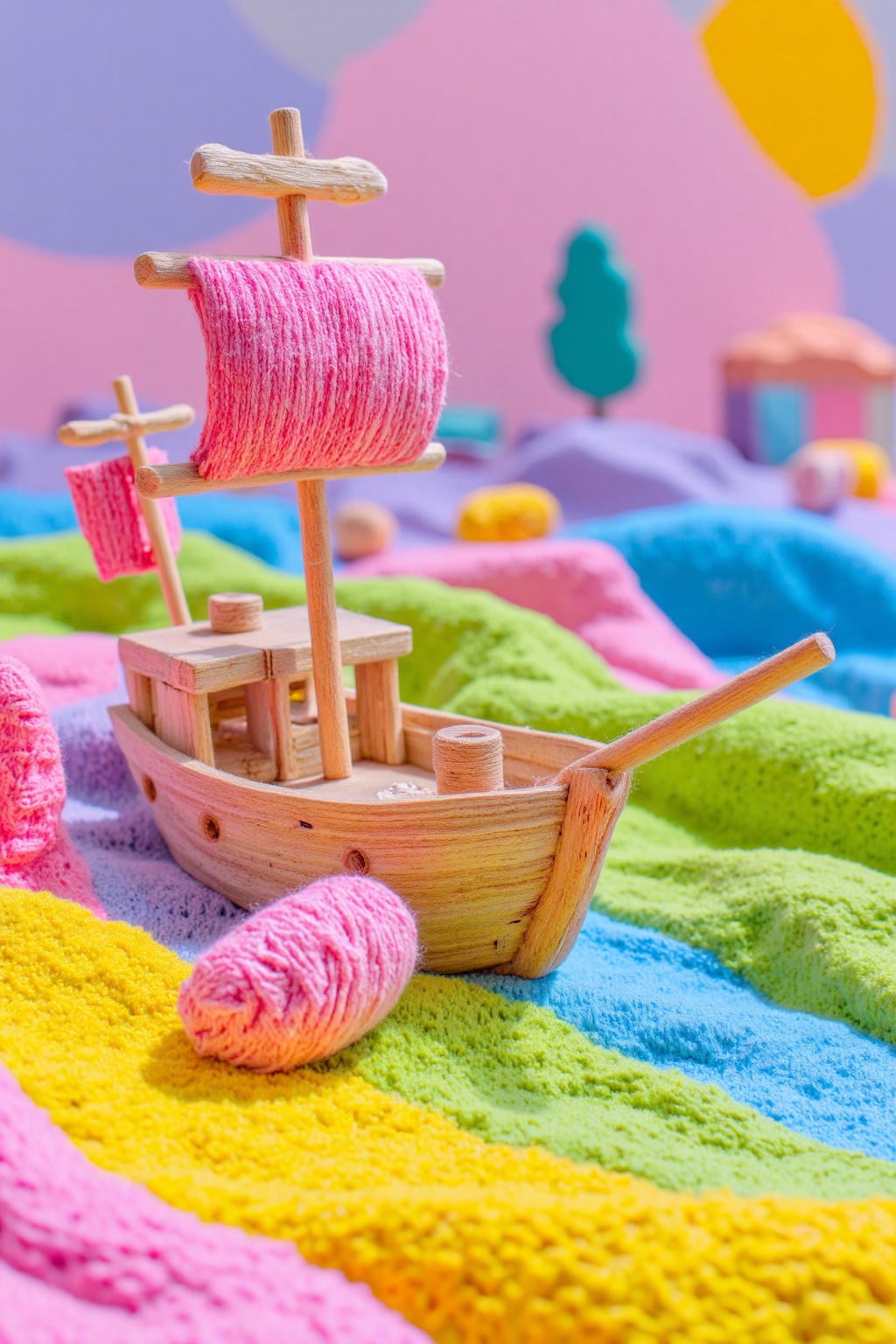 beijihui,a small wooden toy boat is positioned on a multi-colored blanket. The boat is adorned with two wooden dowels,each holding a pink yarn,adding a touch of color to the scene. The background is blurred,creating a stark contrast to the boat and the blanket.,