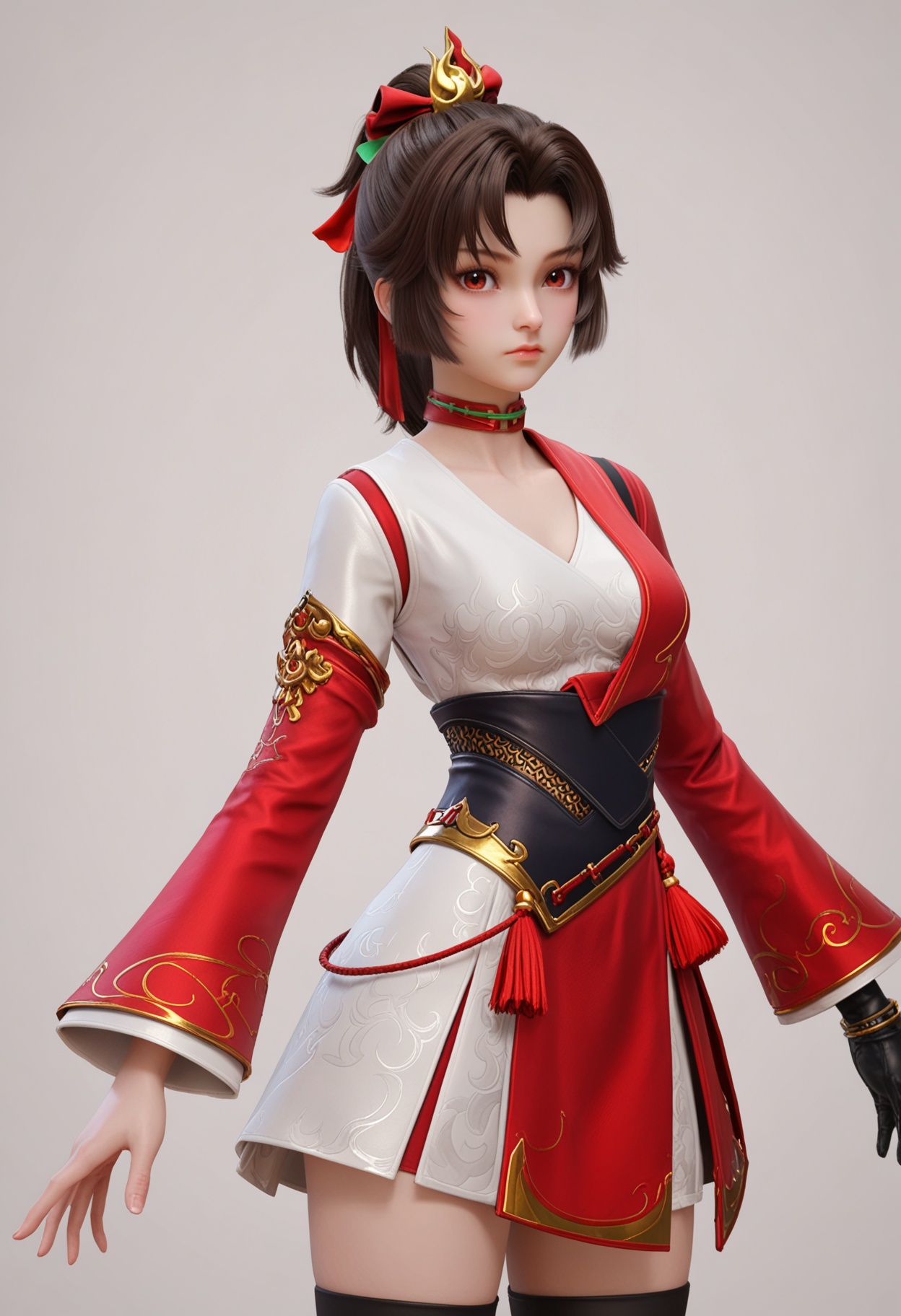 score_9,high detail,best quality,cinematic lighting,volumetric lighting,shiny skin,shiny,yunying,1girl,solo,red eyes,dress,breasts,brown hair,single glove,white_background,red dress,black thighhighs,long sleeves,ponytail,closed mouth,miniskirt,choker,short hair,hair ornament,simple background,looking at viewer,upper_body,hair ribbon,white_dress,<lora:QQSponyyunyingV1:0.8>,<lora:Pony_DetailV2.0:0.8>,<lora:皮肤凹痕:0.1>,