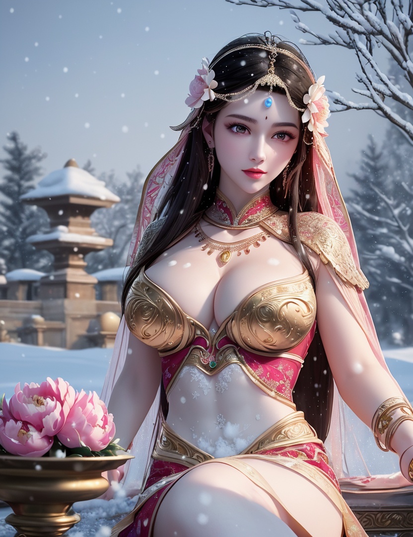 ultra realistic 8k cg, picture-perfect face, flawless, clean, masterpiece, professional artwork, famous artwork, cinematic lighting, cinematic bloom, perfect face, beautiful face, fantasy, dreamlike, unreal, science fiction,   lace, lace trim, lace-trimmed legwear, luxury, jewelry, diamond, gold, pearl, gem, sapphire, ruby, emerald, intricate detail, delicate pattern, charming, alluring, seductive, erotic, enchanting, hair ornament, necklace, earrings, bracelet, armlet,halo,autumn,((,1girl, pov,))  , ((((1girl, solo,outdoors, large breasts, snow, peony \(flower\),  ))))  <lora:DA_MuQingQing:0.6>