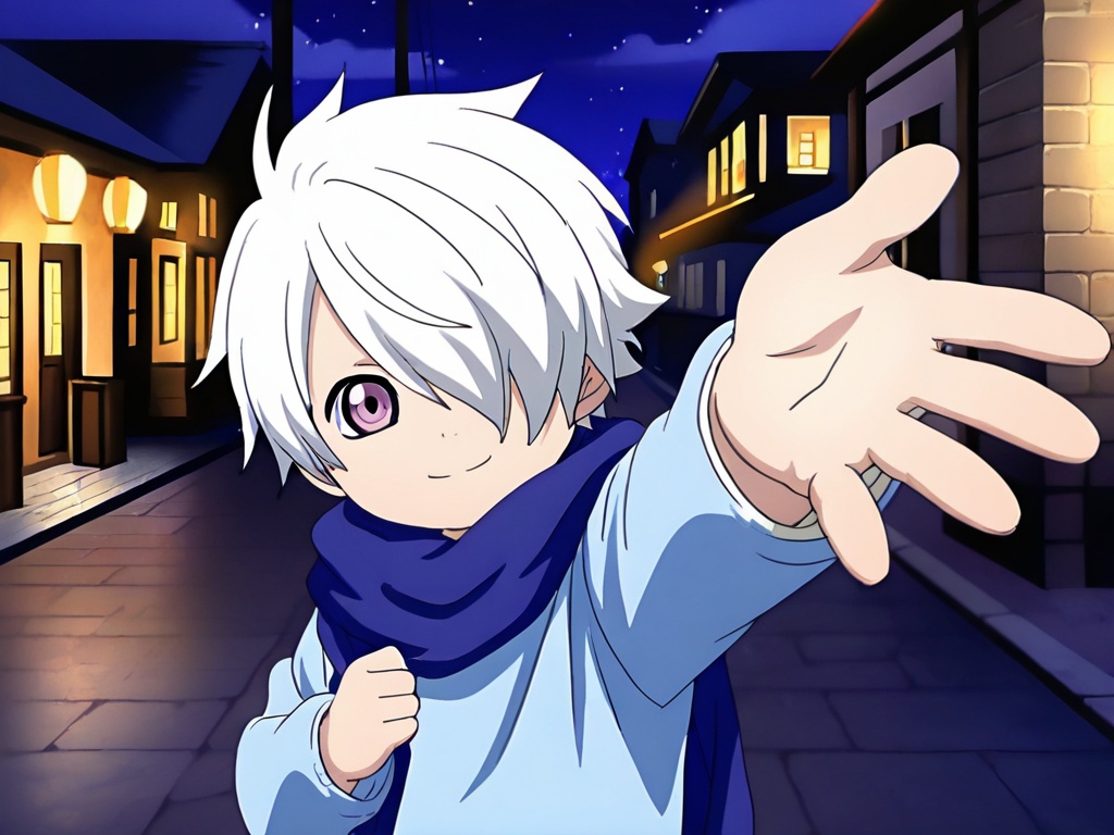 <lora:LB_Lag_Seeing_XL:1>,Lag Seeing,Lag seeing costume,blue clothing,best quality,best detail,masterpiece,male focus,(night:1.1),street,1boy,(toddler:1.1),male_child,petite,white hair,hair over one left eye,purple eyes,smile,beckoning,outstretched one arm,perfect hands,(5fingers:1.3),correct anatomy,huge filesize,available light,