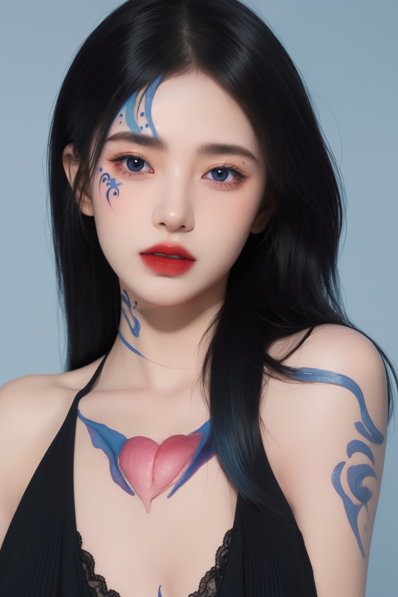 1girl, arm tattoo, bangs, bare shoulders, blue background, blue eyes, blue hair, body writing, breasts, facepaint, facial mark, facial tattoo, gradient, gradient background, hair ornament, heart tattoo, lips, lipstick, long hair, makeup, medium breasts, number tattoo, parted lips, red lips, shoulder tattoo, sleeveless, solo, tattoo, upper body ,huge breast<lora:绘画美女1.0:0.8>