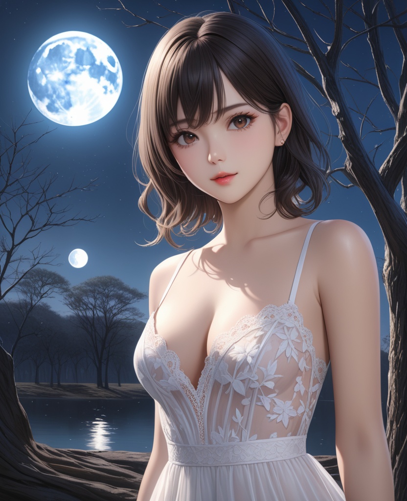 (,1girl, ,best quality, ),looking at viewer,  ,ultra detailed background,ultra detailed background,ultra realistic 8k cg, ,masterpiece, (( , )),, ,fiction,mole,,      ,(cleavage), (),  ,see-through, lace, (((, solo, moon, , bare_tree, )))(cleavage),